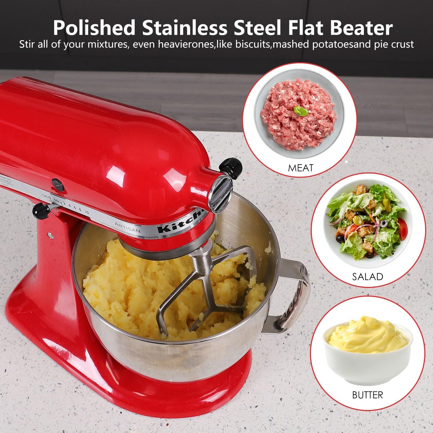5.5-6QT Stainless Steel Flat Beater for KitchenAid Stand Mixer, Kitchen Aid Paddle Attachment Accessories/No coating/Dishwasher Safe Replacement for kitchenaid Professional 5 Plus and 600 Series Mixer