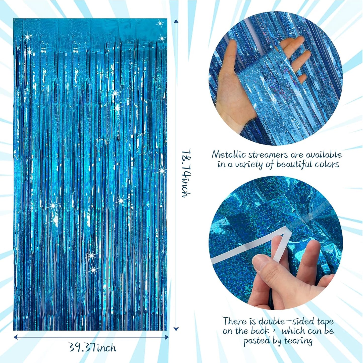 Skiennix Tinsel Curtain Backdrop - Blue Glitter Foil Fringe for Birthday, Wedding & Party Decor | 2 Packs