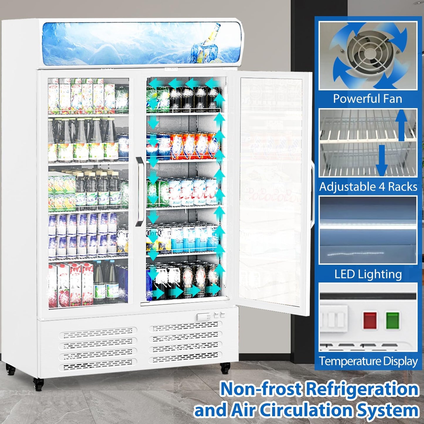 GarveeLife 26 Cu.Ft Commercial Display Refrigerator with Glass Door, LED Lighting, 8 Adjustable Shelves, Beverage Cooler Merchandiser Fridge for Restaurant Bar Cafe Convenience Store, Upright Cooler