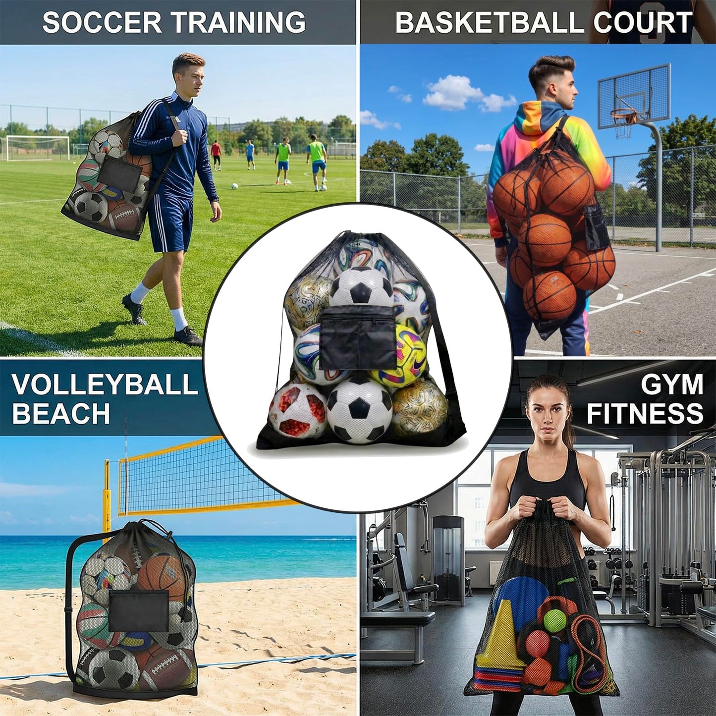 Tavirela Extra Large Mesh Ball Bag with Pocket, Holds 13 Soccer Balls, 10 Basketballs, Heavy Duty Drawstring Net Bag, Team Coaches Sports Equipment Storage Duffle Sack for Volleyball, Swimming Gear