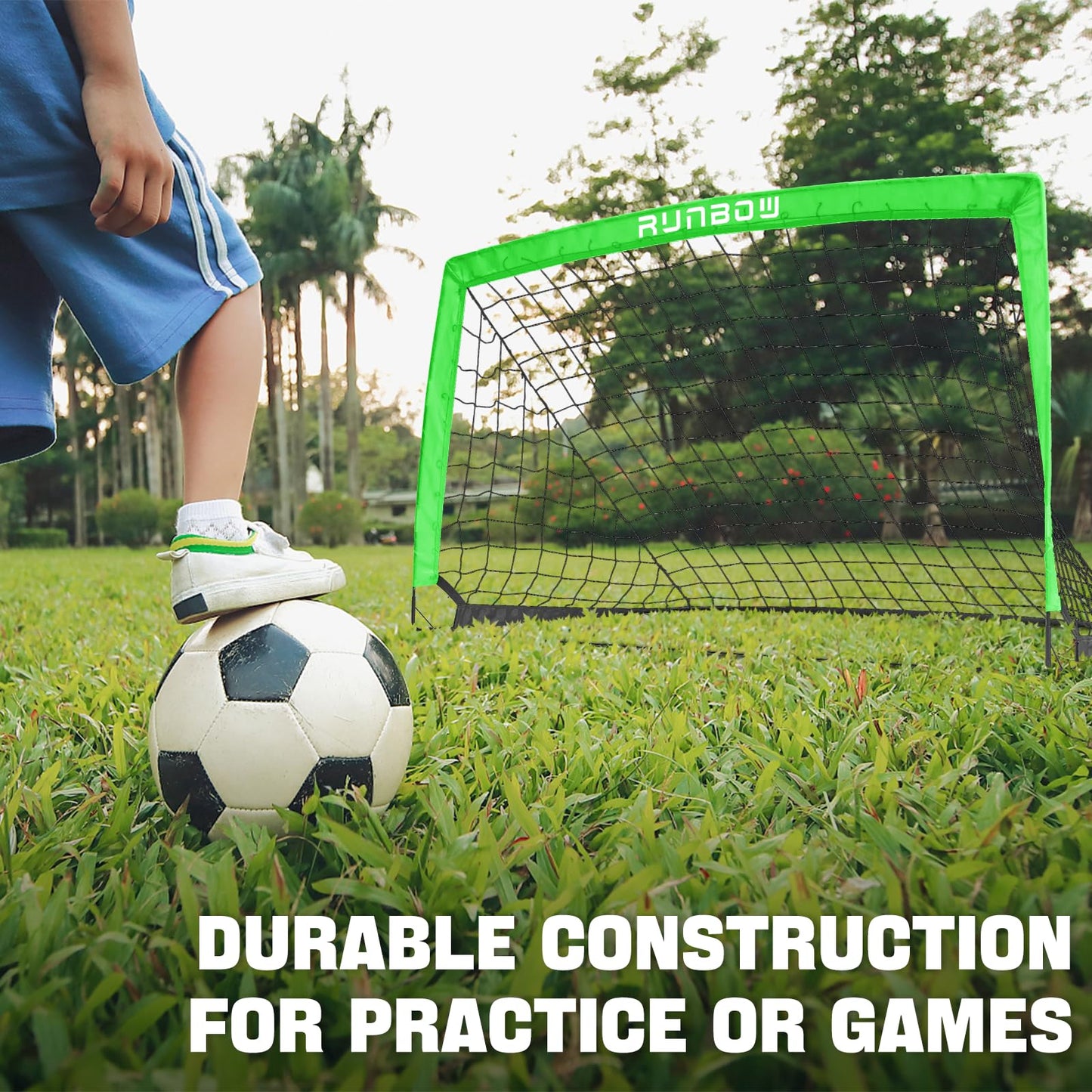 RUNBOW Soccer Goal for Backyard, 5x3 FT Portable Folding Soccer Net with Carry Bag for Kids and Adults Indoor/Outdoor Training Practice Use (Green, 5x3 FT, 1 Pack)
