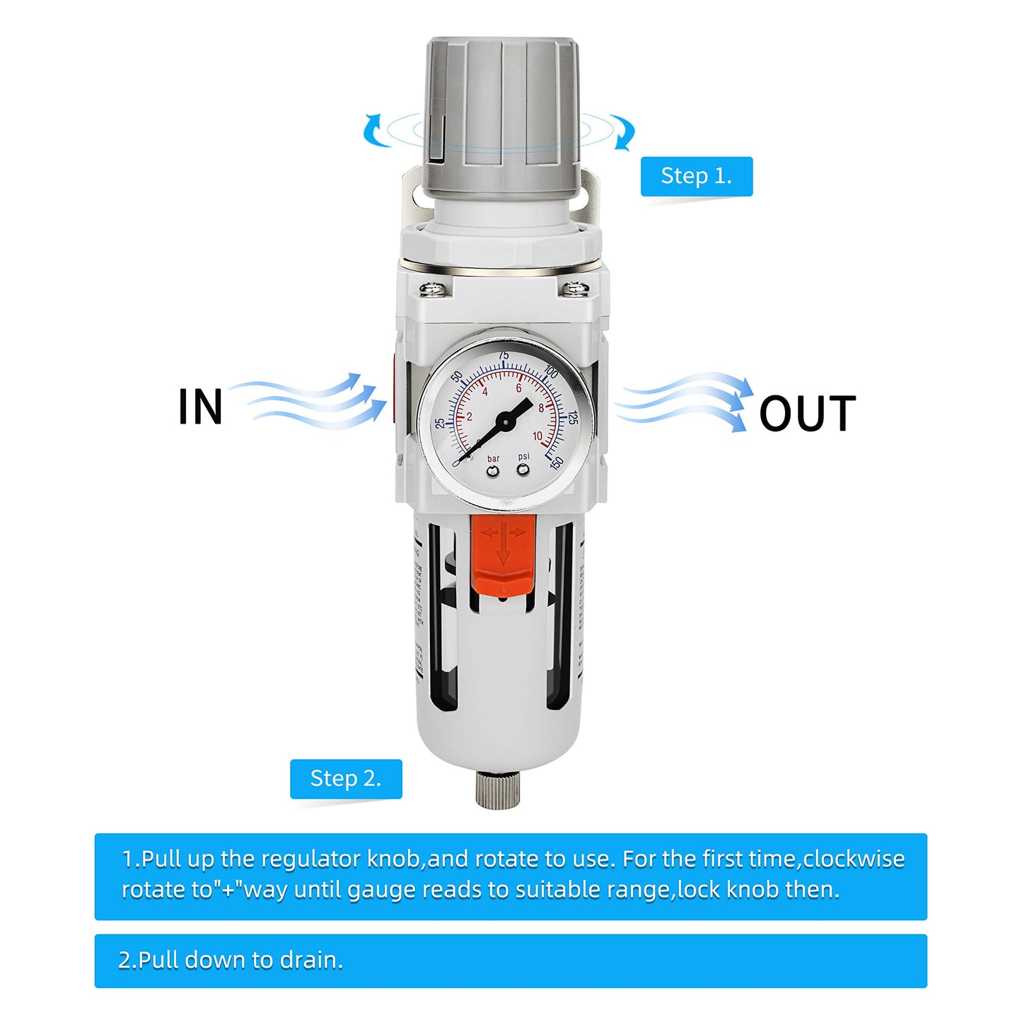 NANPU 3/8" NPT Compressed Air Filter Regulator Combo Piggyback, 5 Micron Brass Element, Poly Bowl, Semi-Auto Drain, Metal Bracket, 0-150 psi Gauge