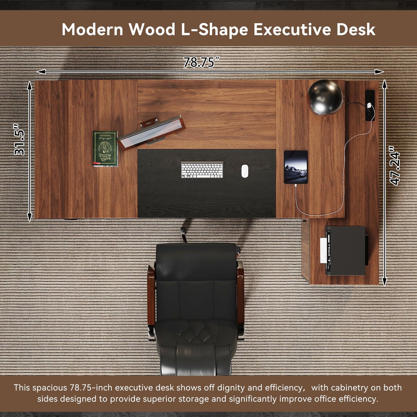 Epecoya Executive L-Shaped Desk with Storage Cabinet, 78-Inch Large Home Office Desks with Power Outlet and Lateral File Cabinet, Modern Computer Desk with Drawers and Open Shelf, Brown Black