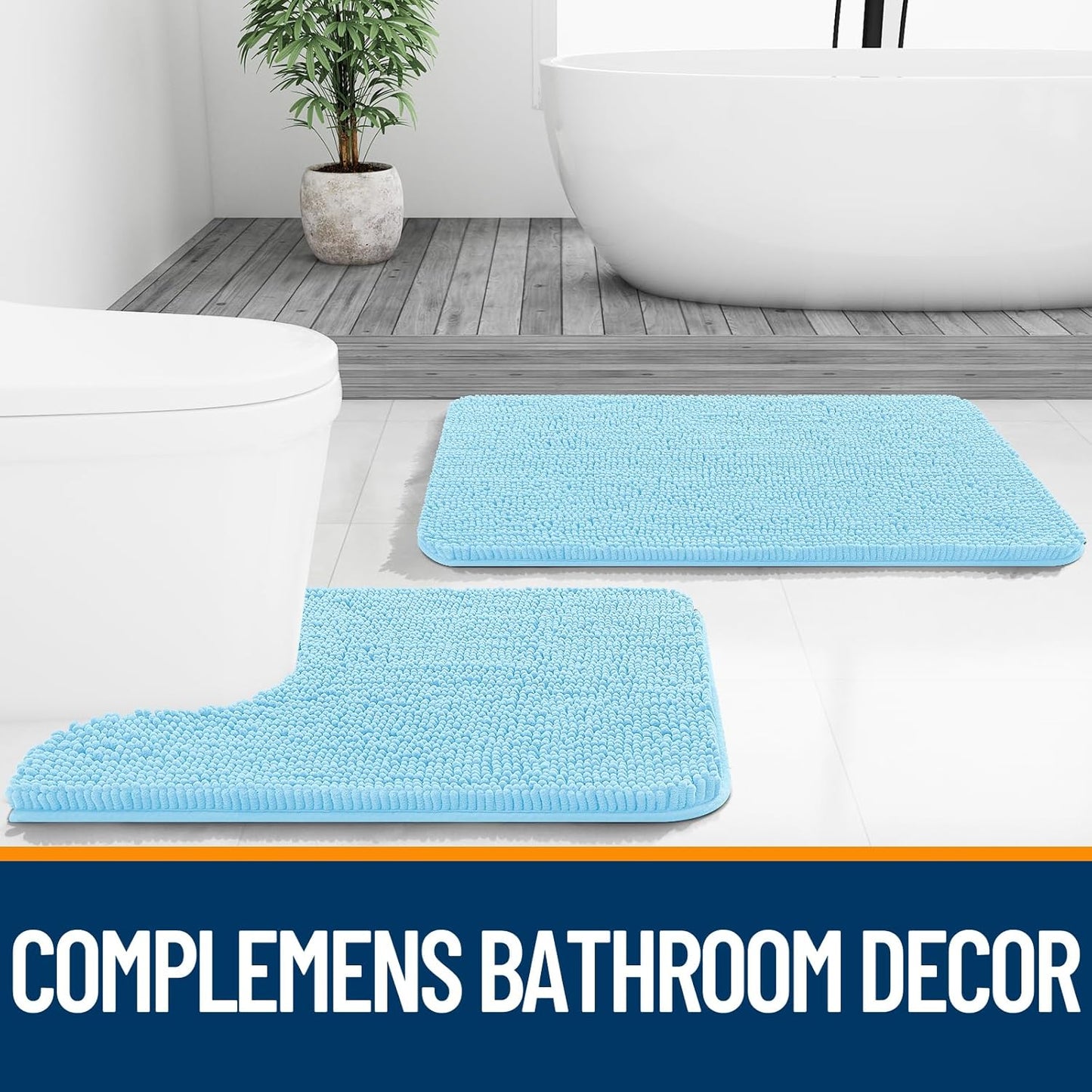 OLANLY Bath Rugs - Extra Soft Chenille, Quick Dry & Absorbent | 24x16 Sky Blue Machine Washable Mats