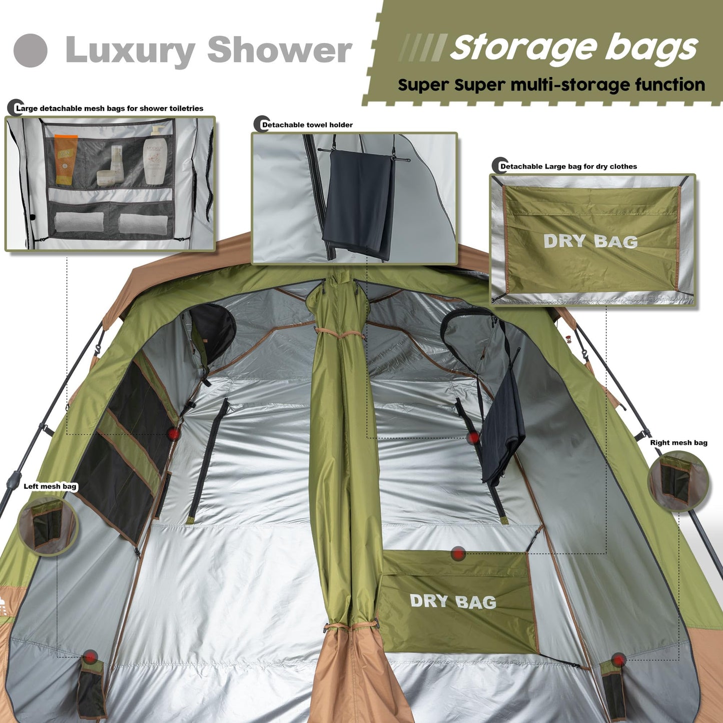 Porayhut Portable Camping Shower Tent Deluxe Changing Room Easy Set Up Privacy Shelter,Large Toilet Tent 2 Rooms with Floor Drain Design for Beach, Camping,Hiking with Stakes and Ropes for Stability