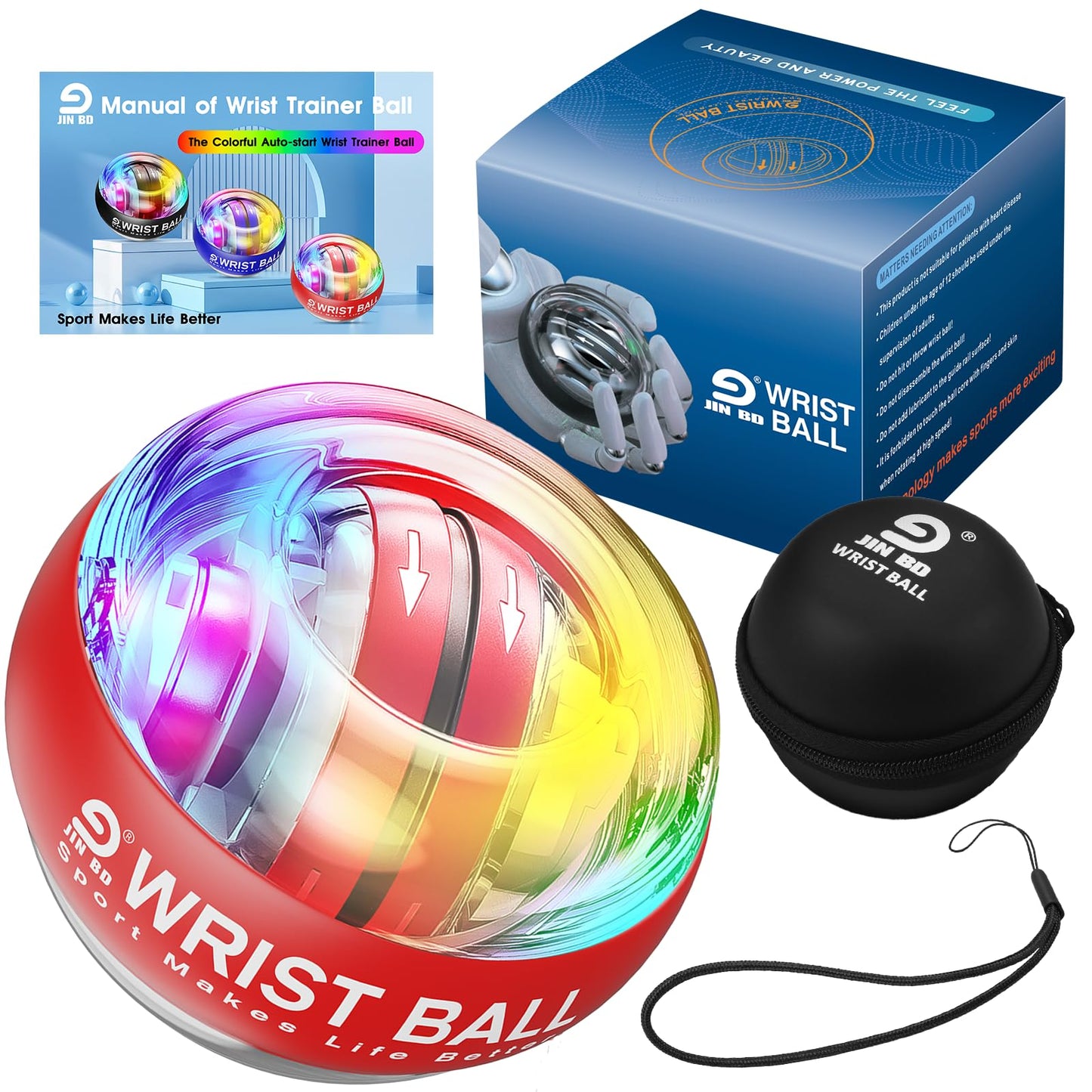 JIN BD Auto-Start Gyro Ball Wrist Trainer, Gyroscopic Forearm Exerciser for Strengthening Arms, Fingers and Muscles (Light Red Transparent with Colorful Lights)