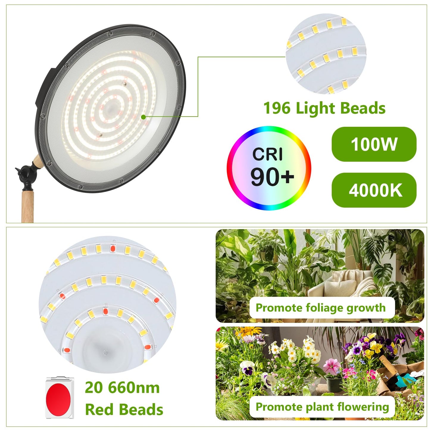 HMVPL 100W Grow Lights for Indoor Plants Full Spectrum, Plant Lights for Indoor Growing with 216 Light Beads, Timer, Remote Control, Dimmable Standing Growth Lamp for Large Many Plants(5 Level Height)