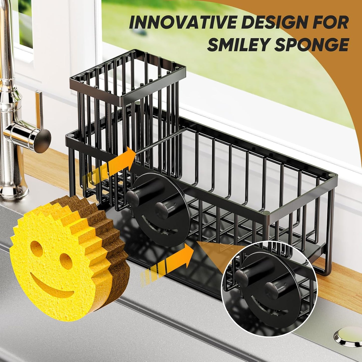 Skiennix Sponge Holder - Smiley Face Sink Caddy with Removable Brush Holder | Self-Draining Kitchen Essential