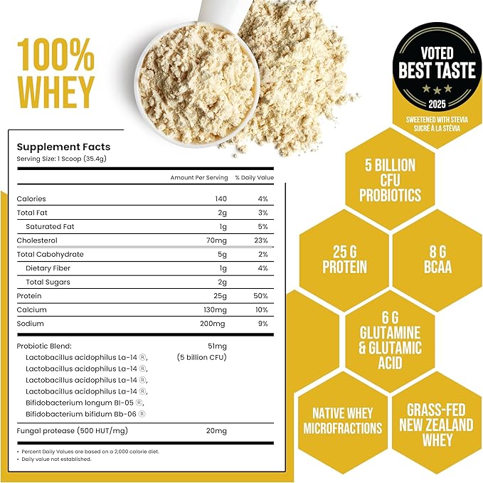 Probiotic Whey Protein Powder | Grass-Fed | Vanilla | 2 lb | Gut Health & Immune Support | 8 Probiotic Strains | Protein for Muscle Recovery & Digestive Health