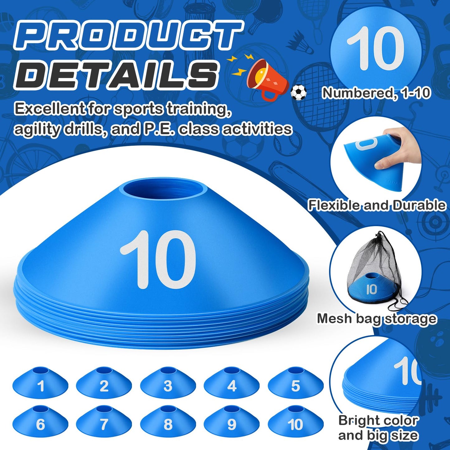 Relaxgiant 10 Pcs Numbered Sports Disc Cones 1-10 Soccer Cones with Mesh Carry Bag Flexible Agility Cones Soft Field Cones for Gym PE Classes School Activities Games, Sports Training Equipment (Blue)