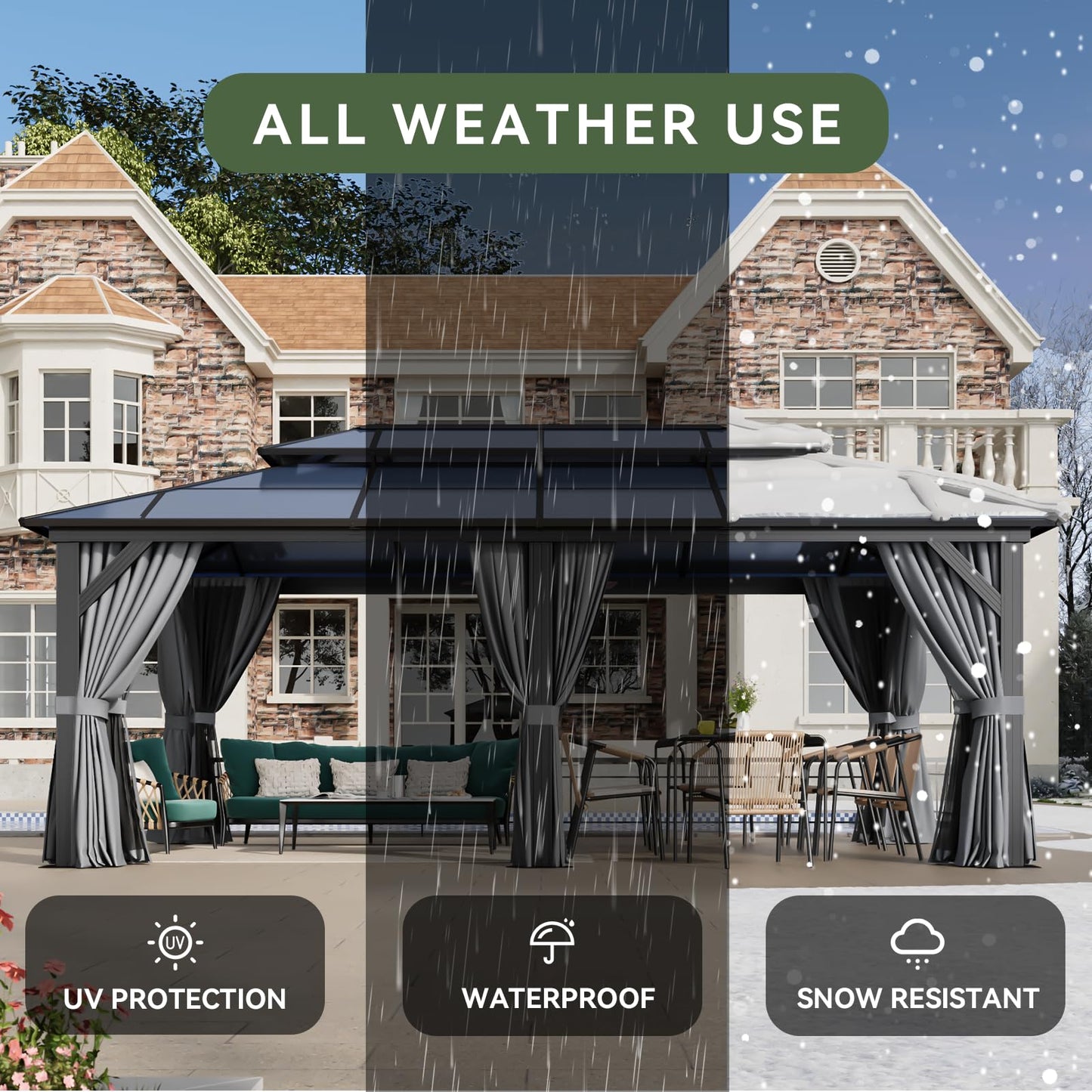 Aoxun 12'x20' Hardtop Gazebo, Aluminum Frame Permanent Pavilion with Curtains and Netting, Outdoor Polycarbonate Double Roof Canopy, Designed for Garden, Lawns, Patio, Gray