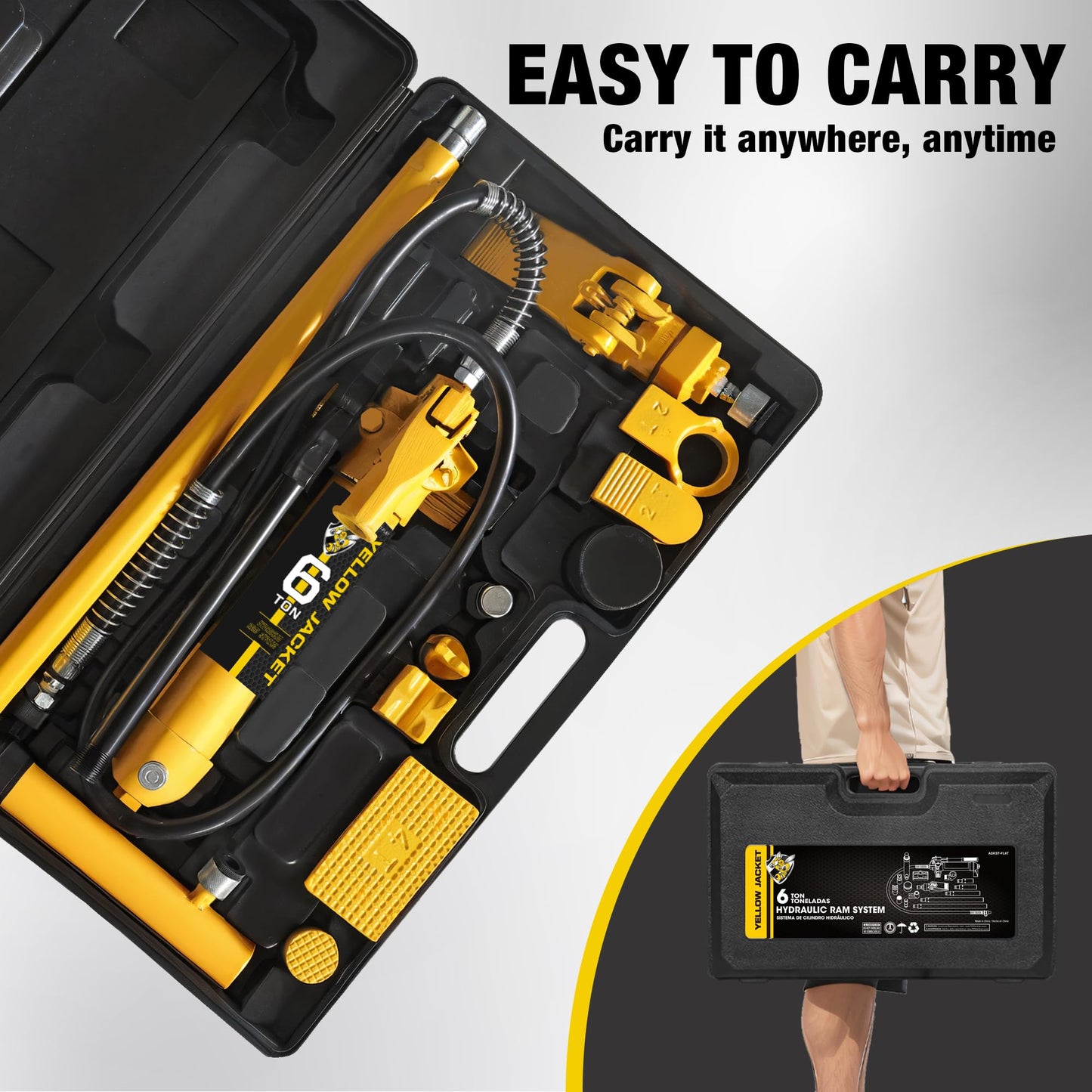 YELLOW JACKET 6 ton Porta Power Kit Hydraulic Ram Jack Pusher Puller Auto Body Frame Repair Tool with Blow Mold Carrying Storage Case for Car Repair,Truck,Farm