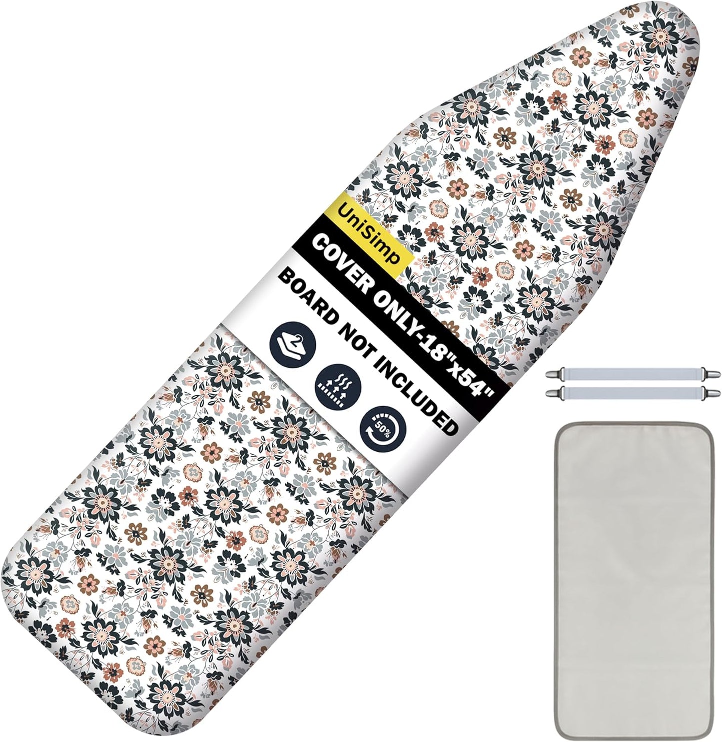 UniSimp Ironing Board Cover - Extra Thick Natural Cotton, Scorch & Stain Resistant | 18"x54" Floral Design