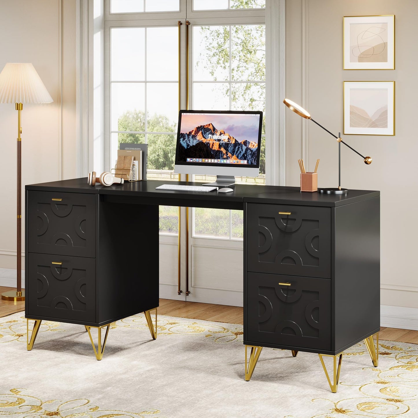 Tribesigns 59-Inch Black Executive Computer Desk with 4 File Drawers Storage, Modern Writing Table, Luxury Desk with Gold Legs for Home Office