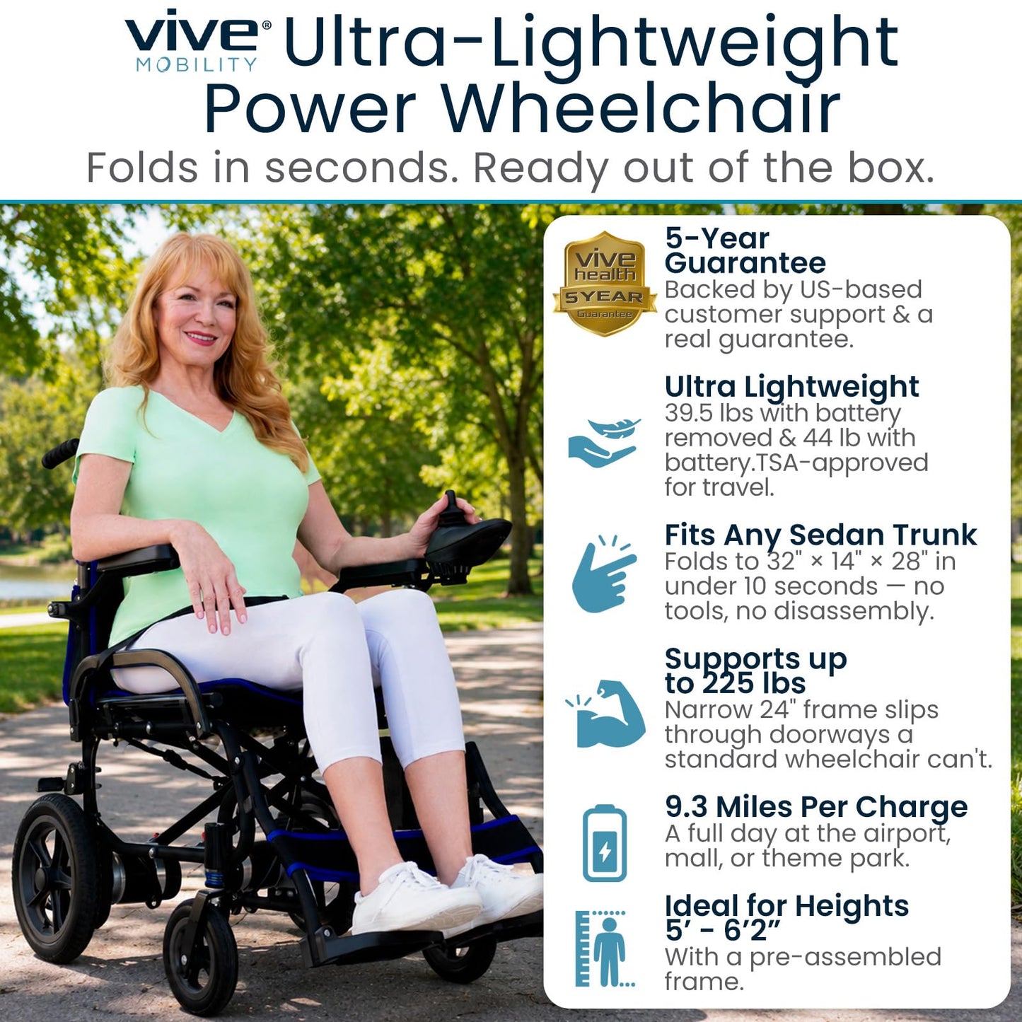 Vive Ultra Lightweight Electric Wheelchair for Adults - Foldable Power Wheel Chair - Collapsible, Folding, Ultralight, Motorized, Light Weight Travel Senior Folding Mobility Aid - Weighs Just 39 lbs