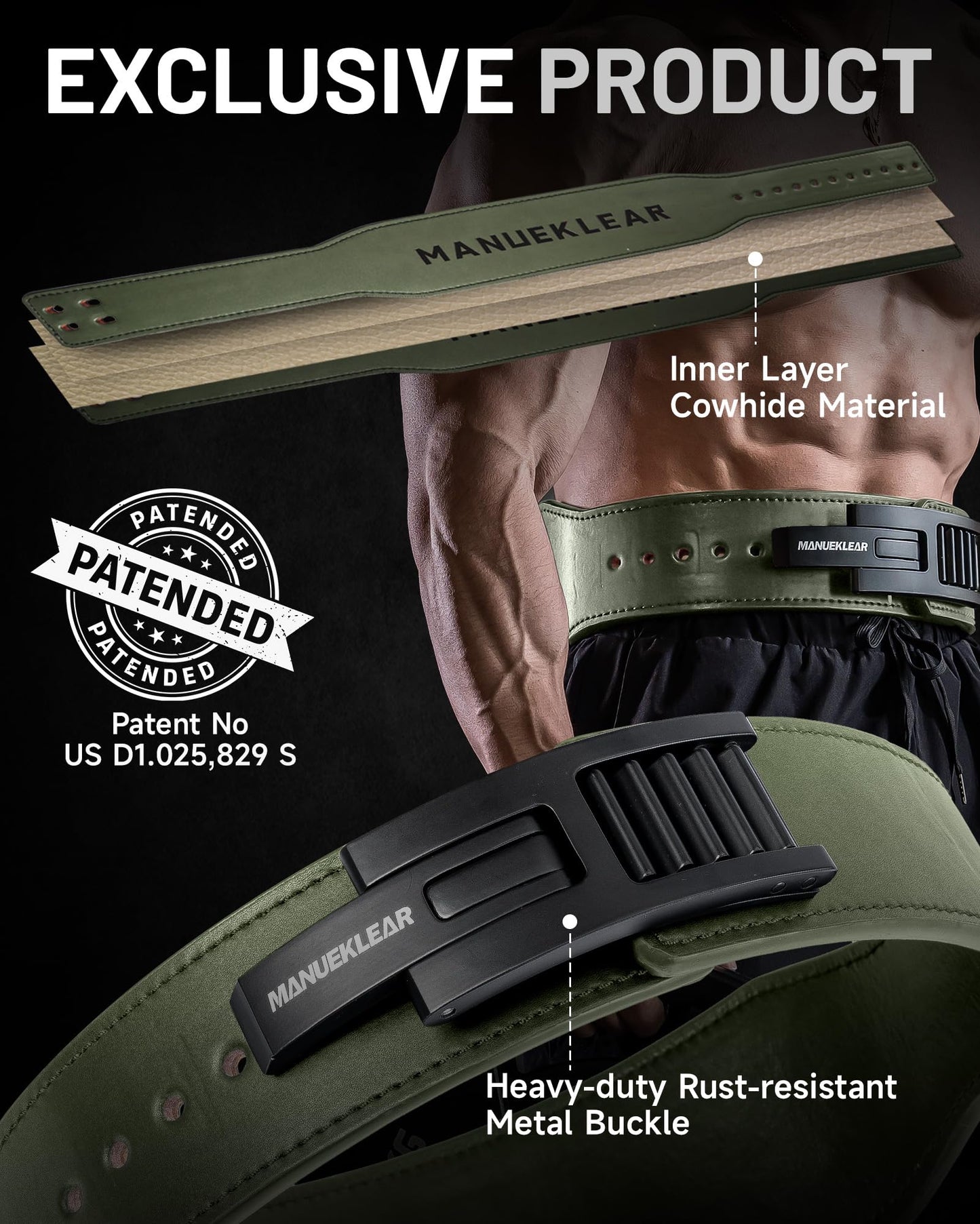 MANUEKLEAR Tapered Lever Weight Lifting Belt, 10MM Quick Locking Lever Belt Weightlifting Men, Lifting Belt Lever for Powerlifting & Deadlifts (Olive Green, XL (39-45inches))