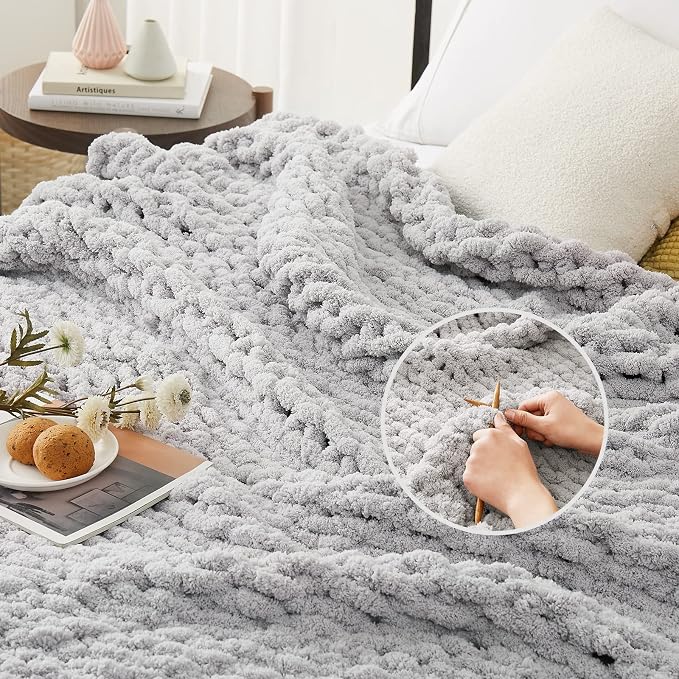 L'AGRATY Chunky Knit Blanket Throw: 60''x80'' Chenille Chunky Knitted Throw Blankets for Twin Bed Couch - Handmade Thick Cable Knit Blanket - Large Crochet Rope Blankets for Home Decor(Grey)