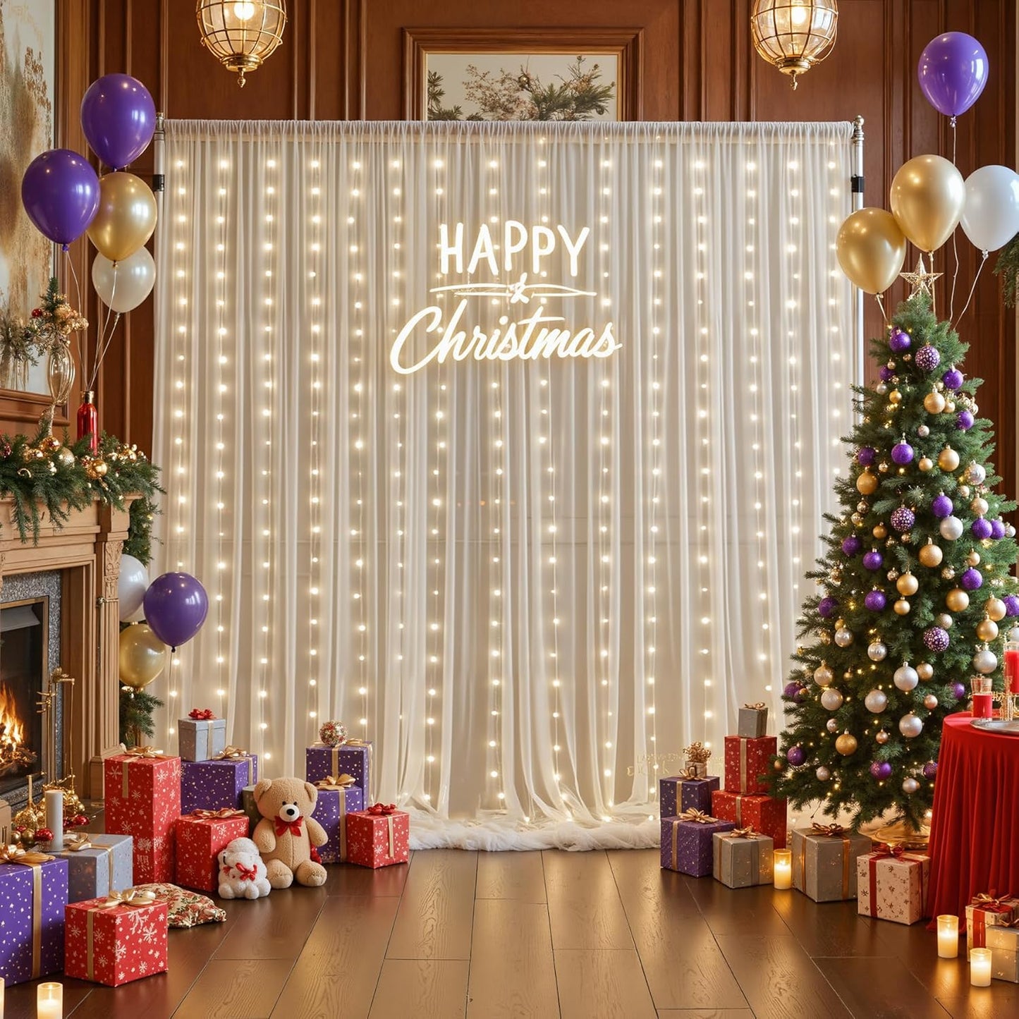 Suppromo 108ft Ivory Sheer Backdrop Curtains with Lights String for Parites Wedding Tulle Backdrop Curtains for Baby