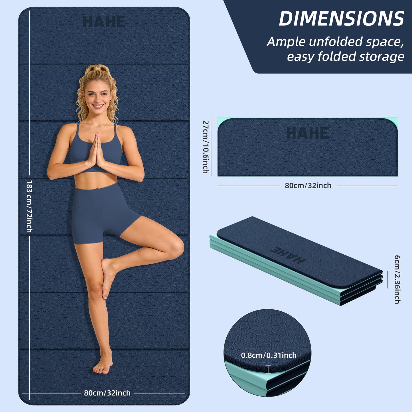 HAHE Foldable Yoga Exercise Mat, 74"Lx32"Wx1/3"Thick, TPE Multi-purpose Workout Mats with Non-slip Surface, Portable for Yoga/Pilates/Studio/Home Gym (Navy Blue+Green)