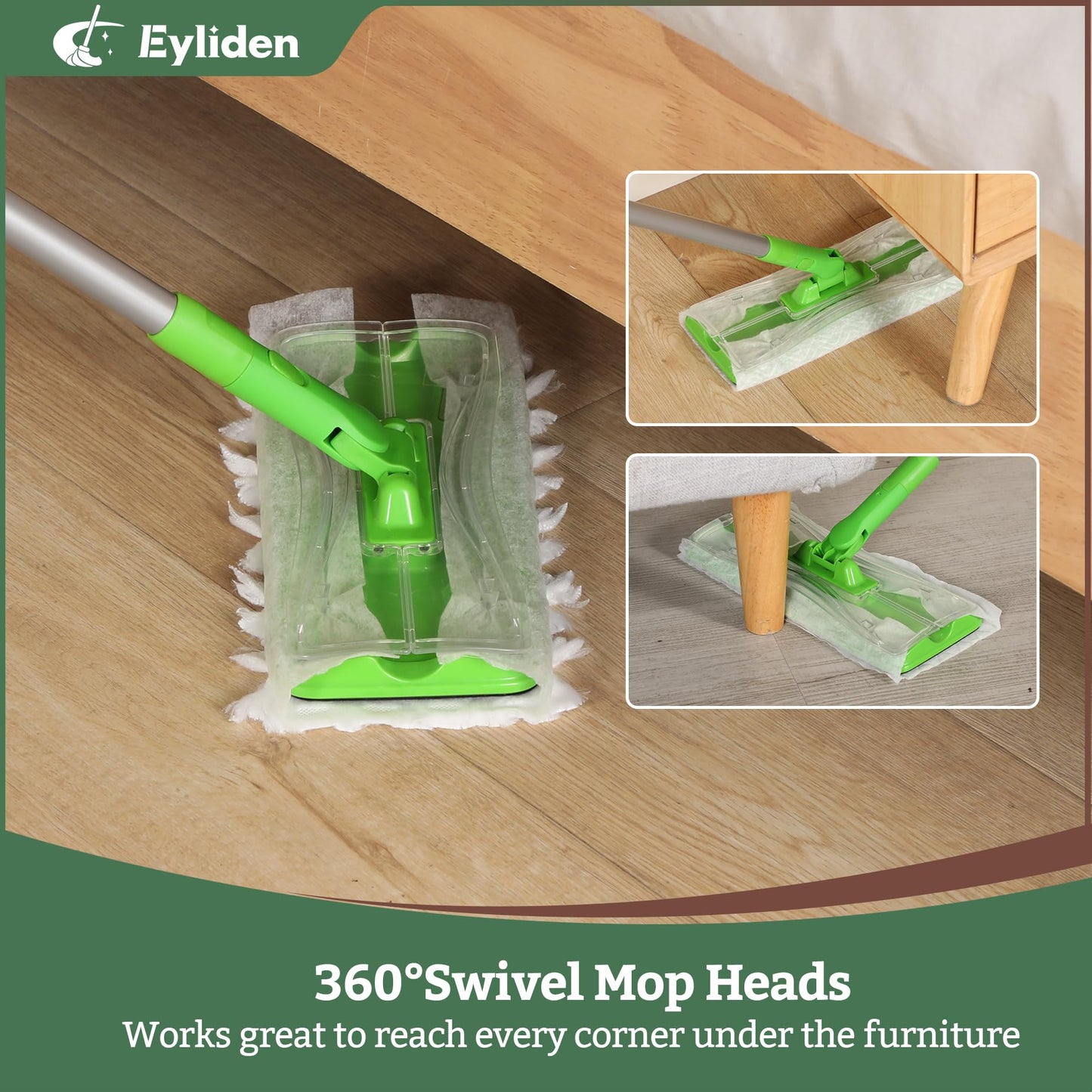 Eyliden Sweeper Mop with 36 Refills - 3 Types of Disposable Dry & Wet Cloths | Lock-Tight Design No Lost Pads, Universal Refills, Multi-Surface Sweeping Starter Kit for Pet Hair, Dust, Floor Cleaning