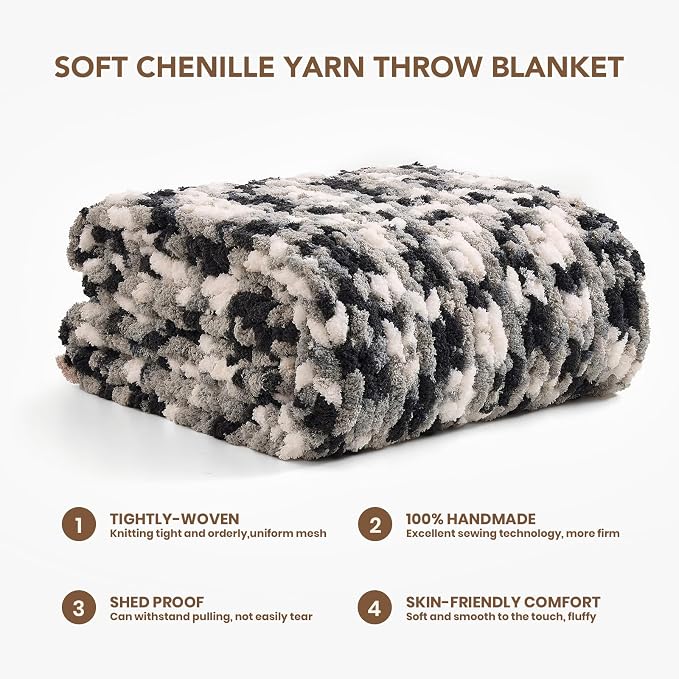 L'AGRATY Chunky Knit Blanket Throw: 60''x80'' Chenille Chunky Knitted Throw Blankets for Twin Bed Couch - Handmade Thick Cable Knit Blanket - Large Crochet Rope Blankets for Home Decor