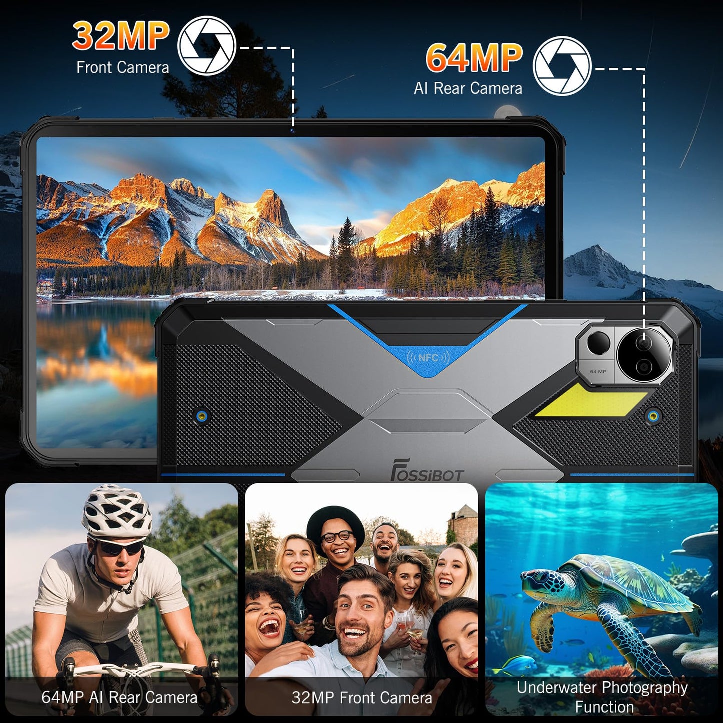 FOSSIBOT DT3 5G Rugged Android 15 Tablet, Dimensity 7300 5G Waterproof Tablets, 21560mAh 66W, 32GB+256GB/2TB Rugged Tablet, 10.4-inch 2K Screen, 64MP+32MP, Dual SIM/WiFi 6/NFC/IP68/IP69K