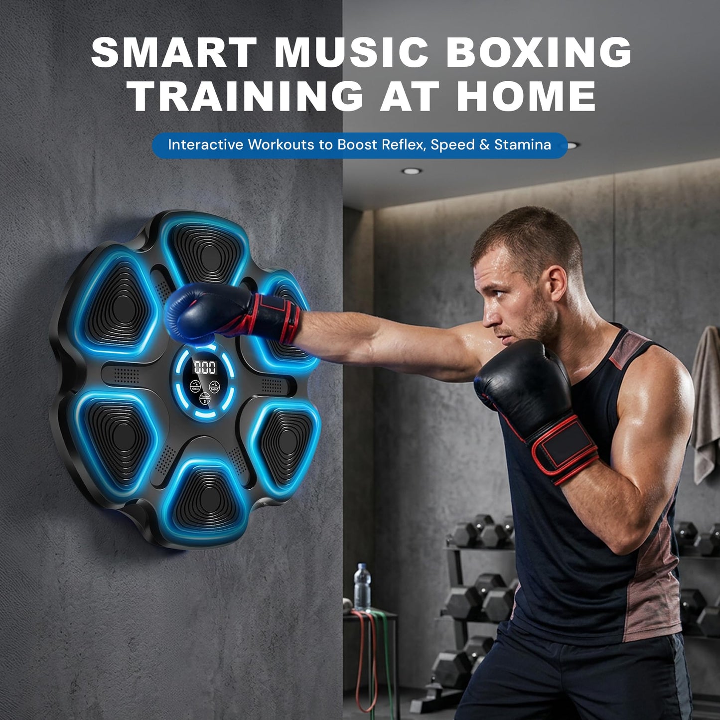 MILENTII Musical Boxing Machine Wall Mounted with Gloves, Smart Boxing Machine with Bluetooth Speaker & LED Display, Adjustable Speed Punching Machine for Adults & Kids Home Training Equipment