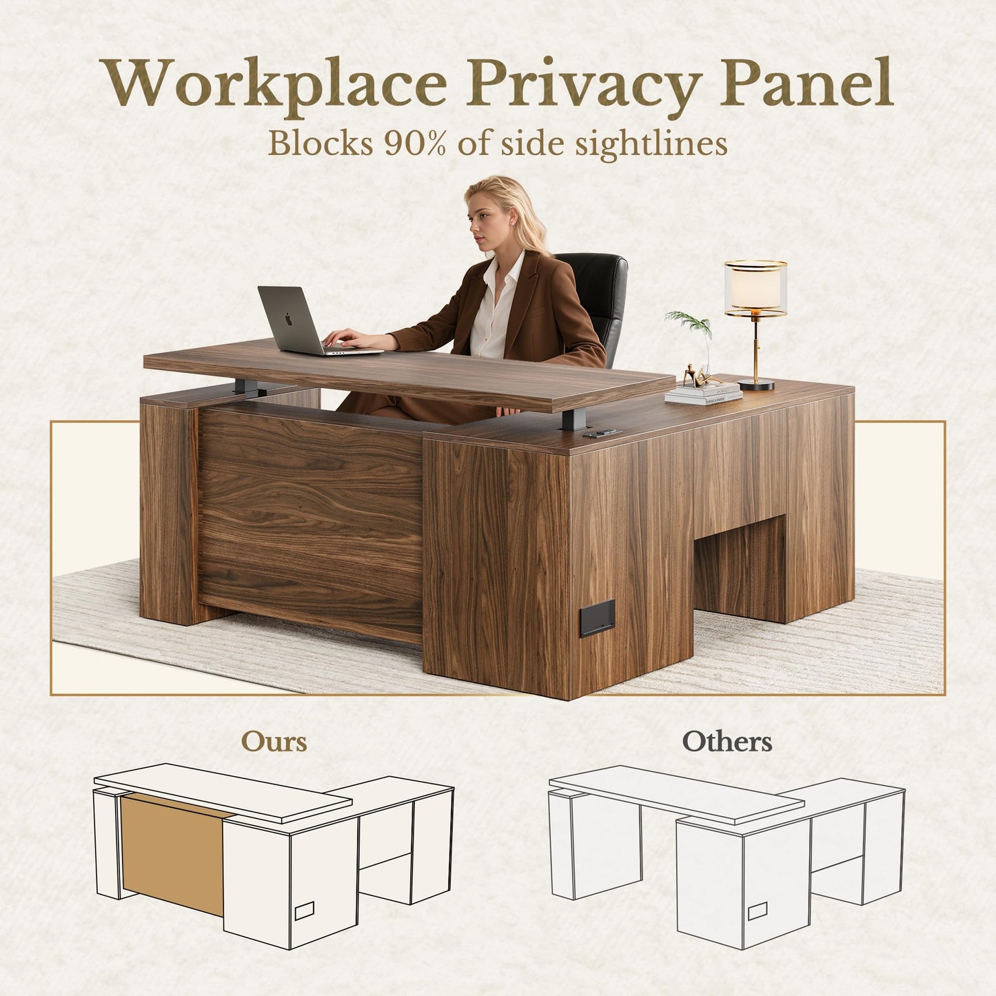 Perledesign 63 Inches L Shaped Standing Desk, Executive Electric Adjustable Desk with Storage Drawers and File Cabinet, AC/USB, 1.18" Thiken Desktop and Privacy Panel for Home Office, Black Walnut
