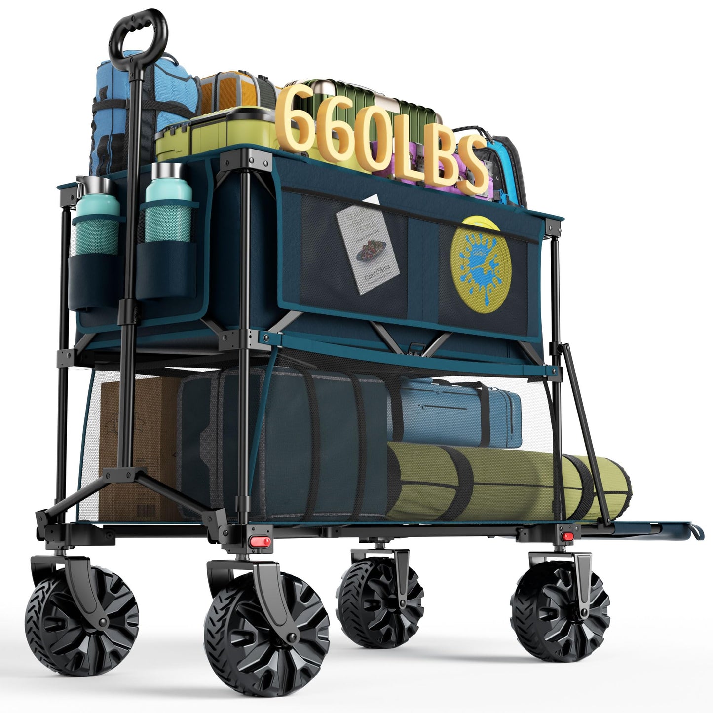 Portal Collapsible Double Decker Wagon Folding Utility Cart with Tailgate, Beach Wagons with Big Wheels, 660LB Heavy Duty Foldable Wagon 14 FT³ Large Capacity for Camping, Sports, Garden