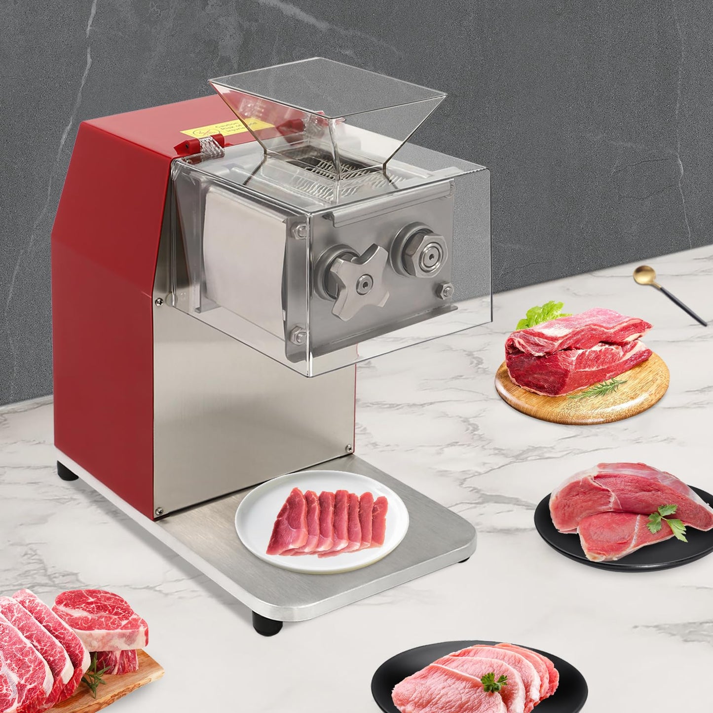 Commercial Meat Cutting Machine, 1100W Meat Shredding Machine, 3.5mm Blade Electric Meat Cutter, Stainless Steel Restaurant Food Cutter, for Kitchen Supermarket Lamb Beef Chicken, Red