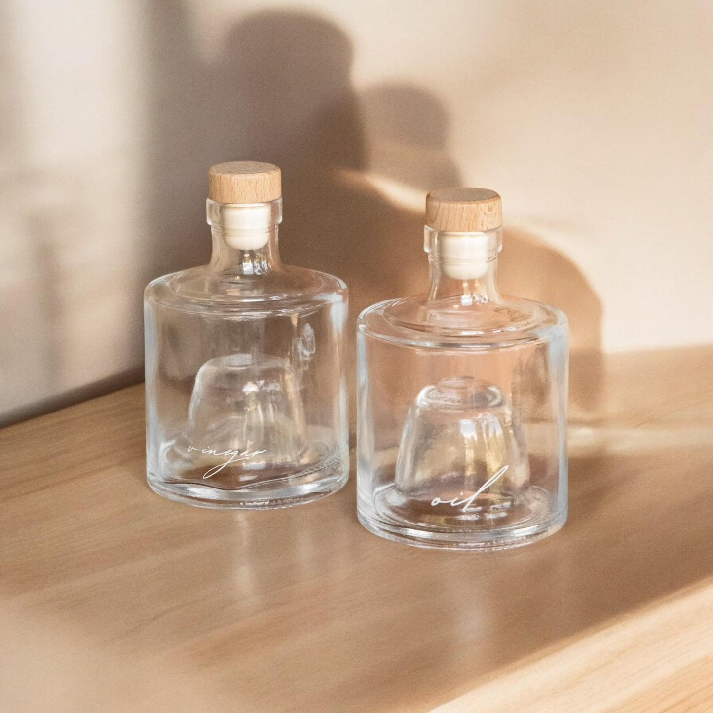 Oil and Vinegar Glass Dispenser Set, 8oz Bottles with Cork Lid - Handcrafted, Premium Quality, Eco-Friendly