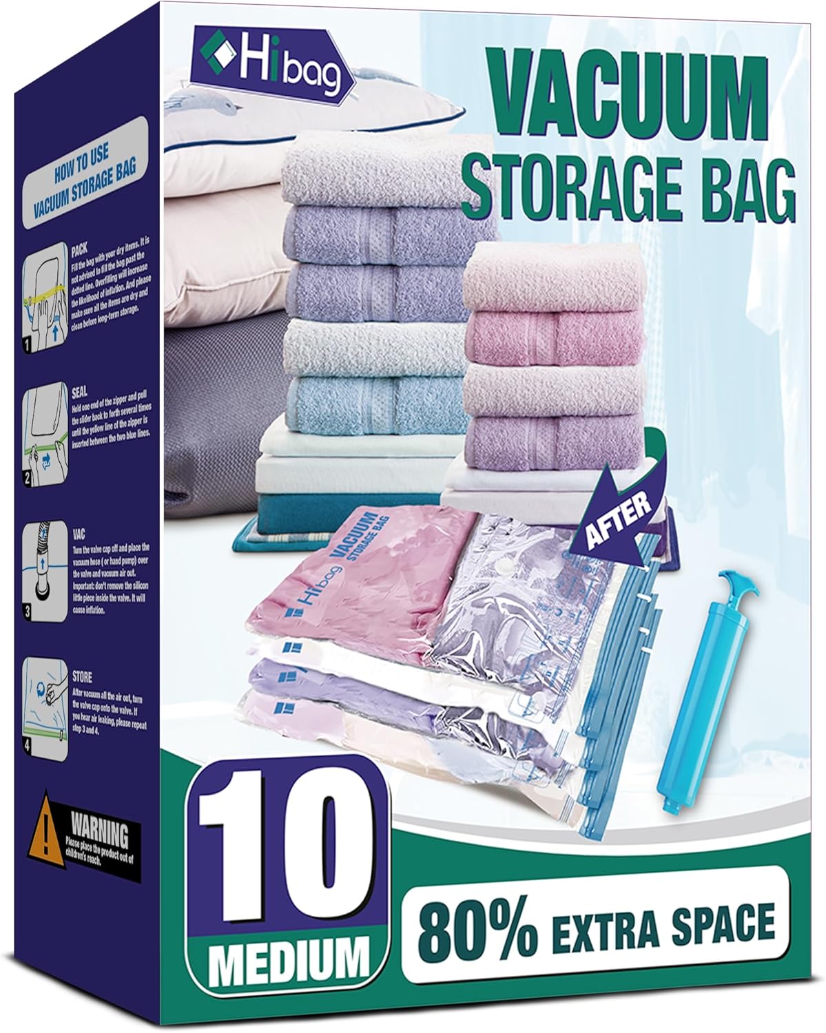 Skiennix Vacuum Storage Bags - 10 Medium Space Saver Vacuum Seal Bags with Travel Hand Pump