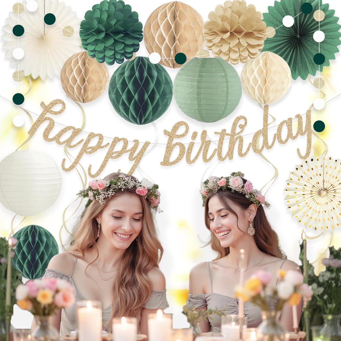 Sage Green Happy Birthday Decorations, Pre-Strung Happy Birthday Banner with Honeycomb Balls, Paper Flowers, Lanterns, Hanging Swirls, Circle Dots Garland for Birthdays Party Decorations 24pcs