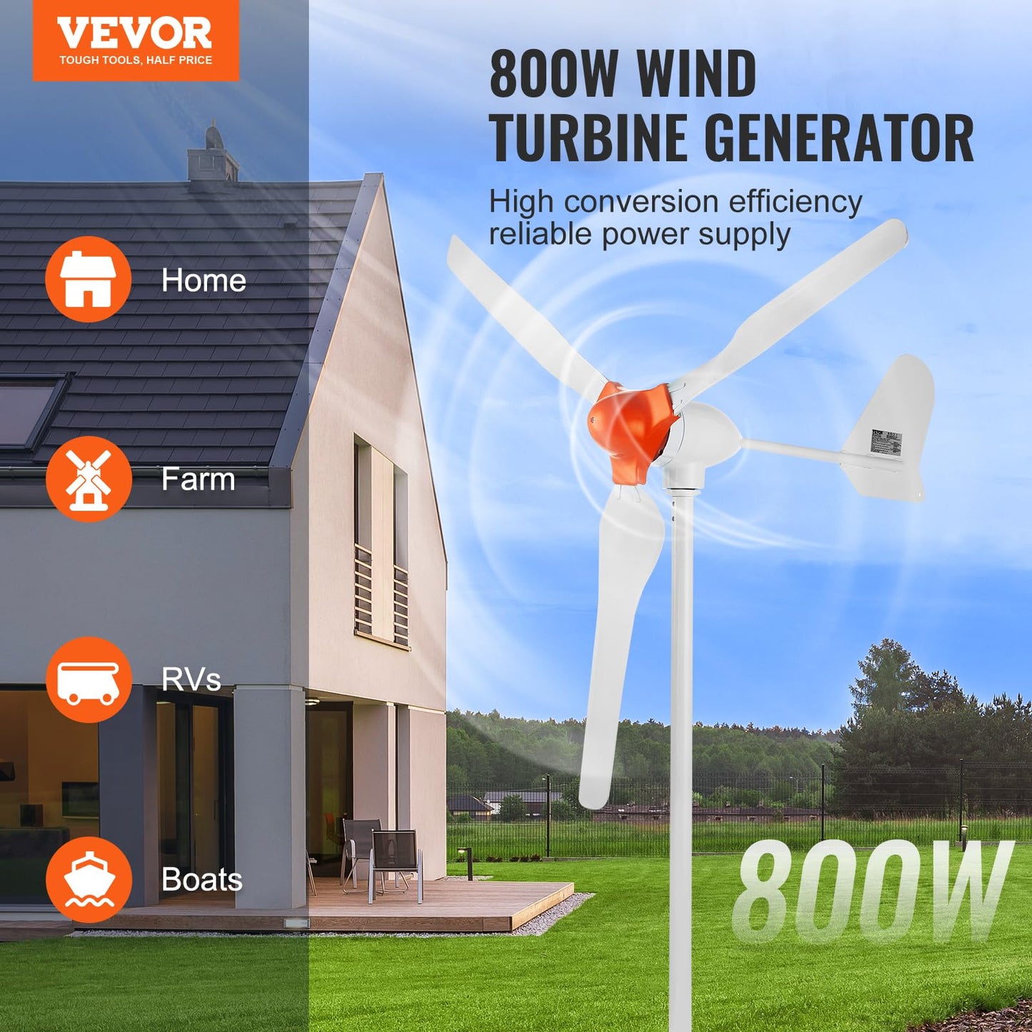 VEVOR 800W Wind Turbine Generator, 12V Wind-Turbine Kit, 3-Blade Power Generator with MPPT Controller & 2.5m/s Startup Speed, Suitable for Home, Farm, RVs, Boats (Tower Pole Not Included)