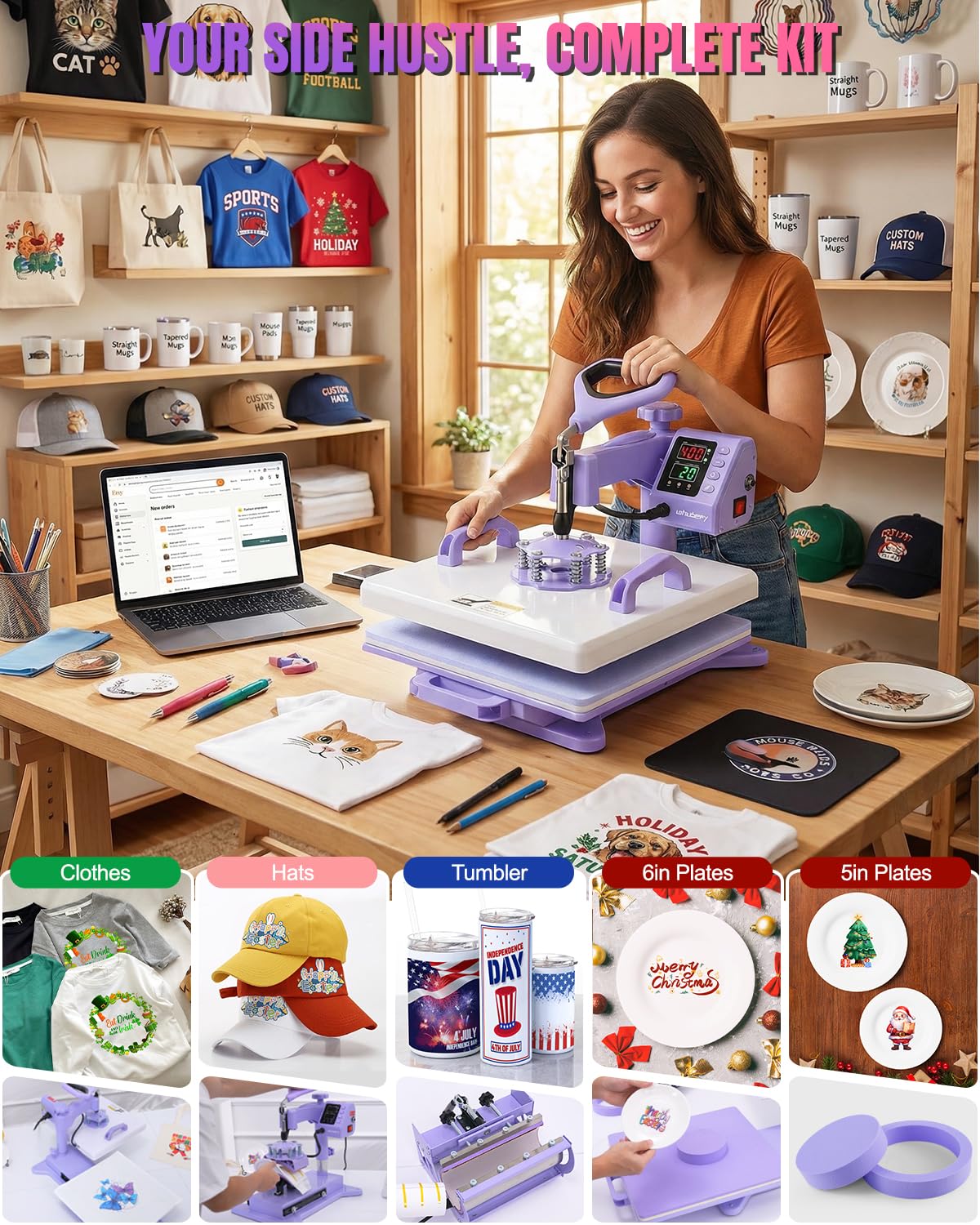 15x15 Heat Press Machine for T Shirts with 30oz Tumbler Press 5-in-1 Slide Out Easy Loading Heat Transfer with Dual-Tube Heating & 4-Zone PID Temp Controller for Quick & Even Heat on Hat Cap Mug Plate