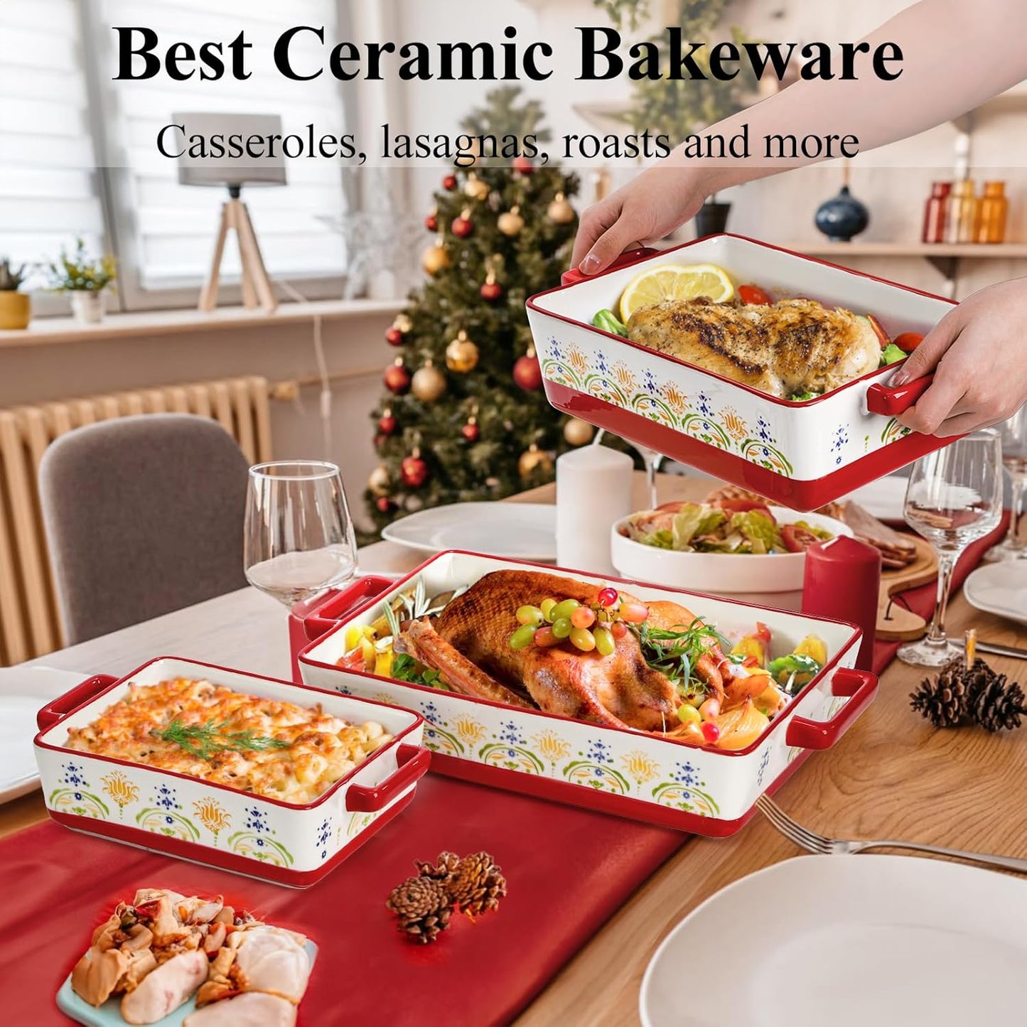 WRINGKIT Ceramic Baking Dishes Set - Rectangular Casserole Dish with Handles | 3 Sizes (12''/10.7''/7.7'') in Red