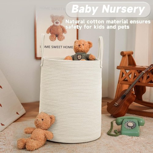 JMvicyroam Large Woven Laundry Basket - 60L Cotton Rope Storage Bin for Blankets, Toys & Clothes | White