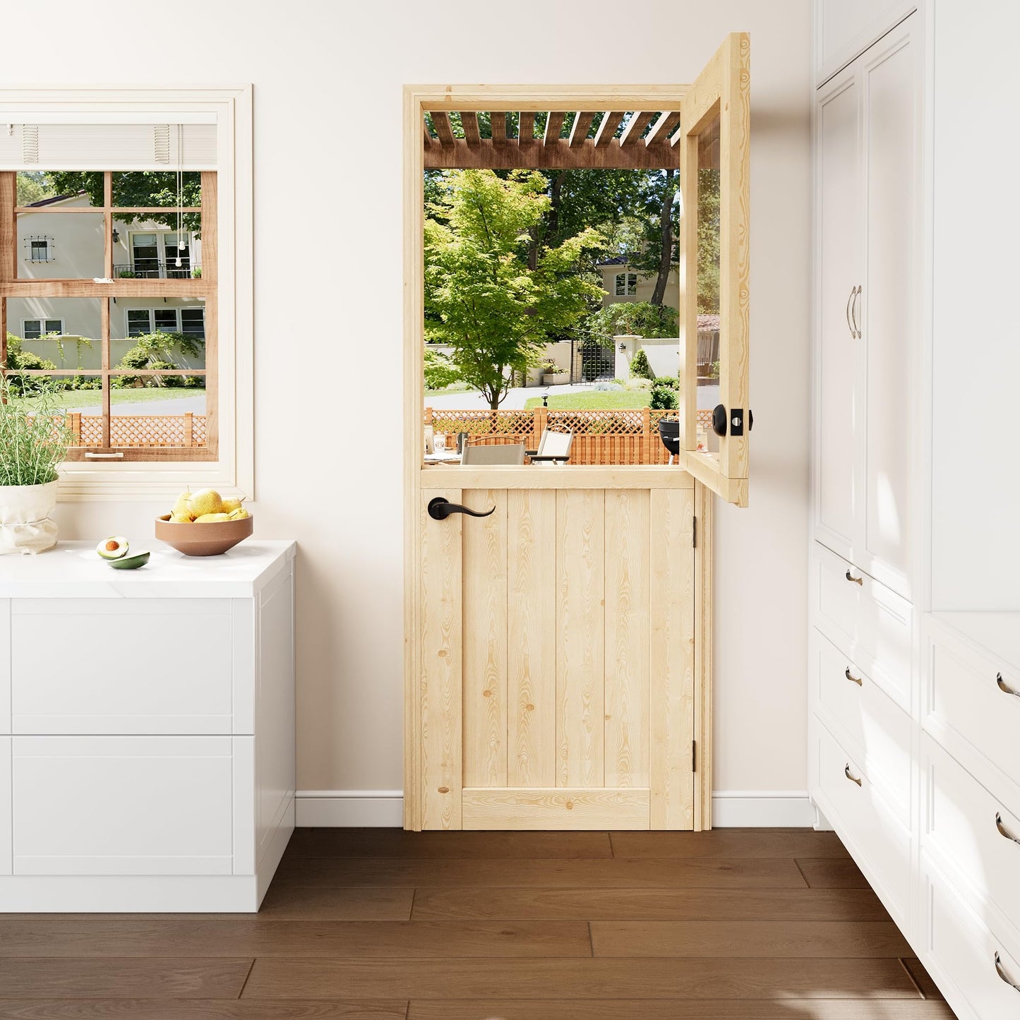 Floating Wood Shelves Dutch Door, 1.75" Pine with 1-Lite Glass Split Half Door for Exterior Front Entry, Patio Doorway & Interior Pantry/Back w/32" x 80" Doors Slab+1 Sill+4 Hinges+1 Latch+1 Lock Set