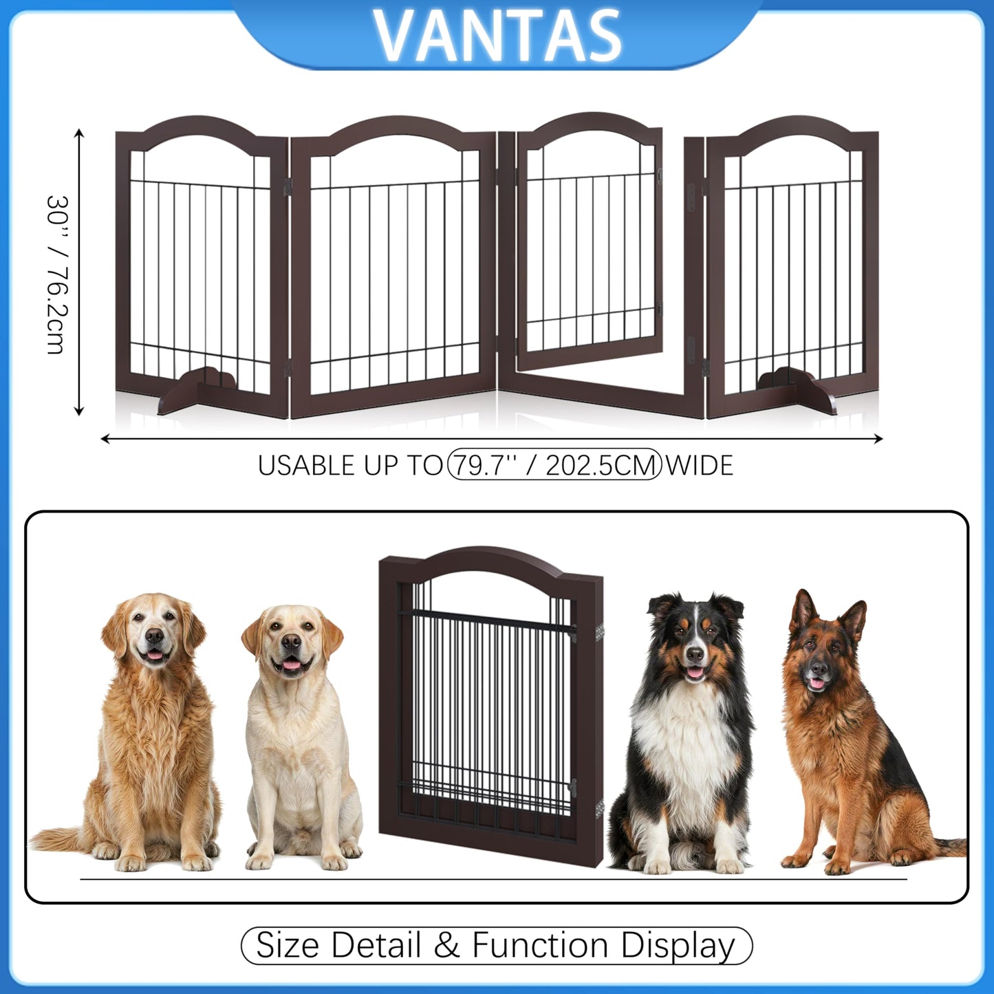 Vantas Folding No-Assembly Dog Door Pet Gate 96" Wide, 30" Tall Wooden Dog Gate with Door Walk Through, Freestanding Wire Pet Gate, Pet Puppy Safety Fence, with 2PCS Support – Espresso