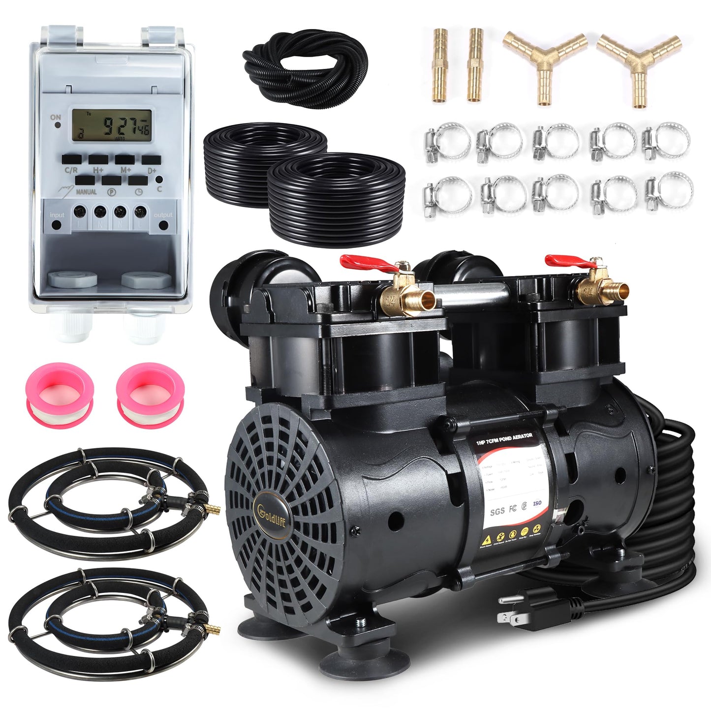 Goldlife A2 Pond Aerator, 7CFM Pond Aeration System for Up to 5 Acre Lake,110V/120V 1HP 750W Compressor & 2 Self-sinking Hoses 100FT & 2 Diffusers & Timer & 16FT Tube, Air Pump for Water Circulation