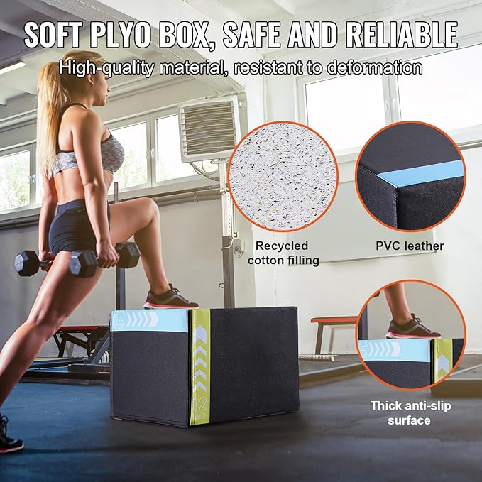 VEVOR 3 in 1 Plyometric Jump Box, Cotton Plyo Box, Platform & Jumping Agility Box, Anti-Slip Fitness Exercise Step Up Box for Home Gym Training, Conditioning Strength Training, Multiple Sizes, Black