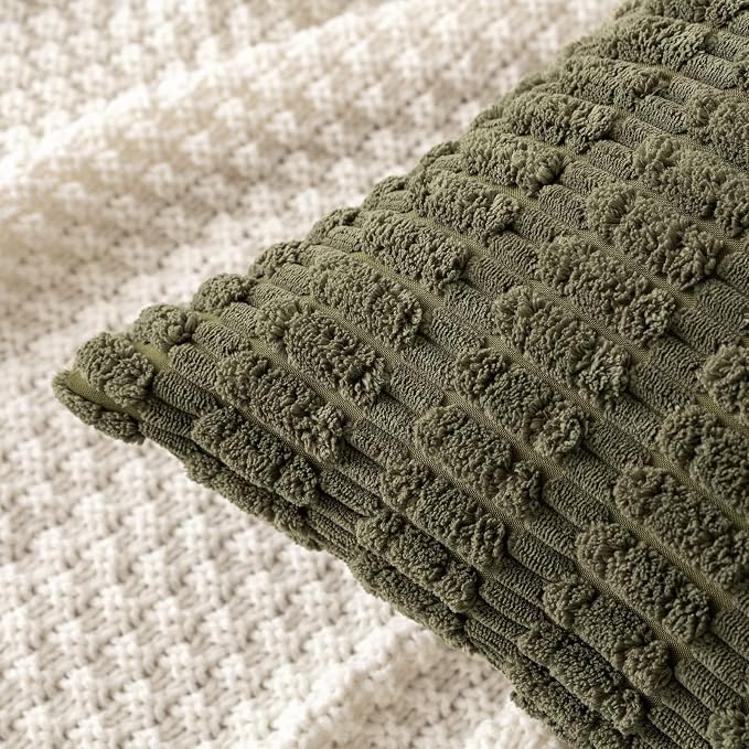 MIULEE Pack of 2 Spring Corduroy Decorative Throw Pillow Covers 20x20 Inch Soft Boho Striped Pillow Covers Modern Farmhouse Home Decor for Summer Sofa Living Room Couch Bed Olive Green