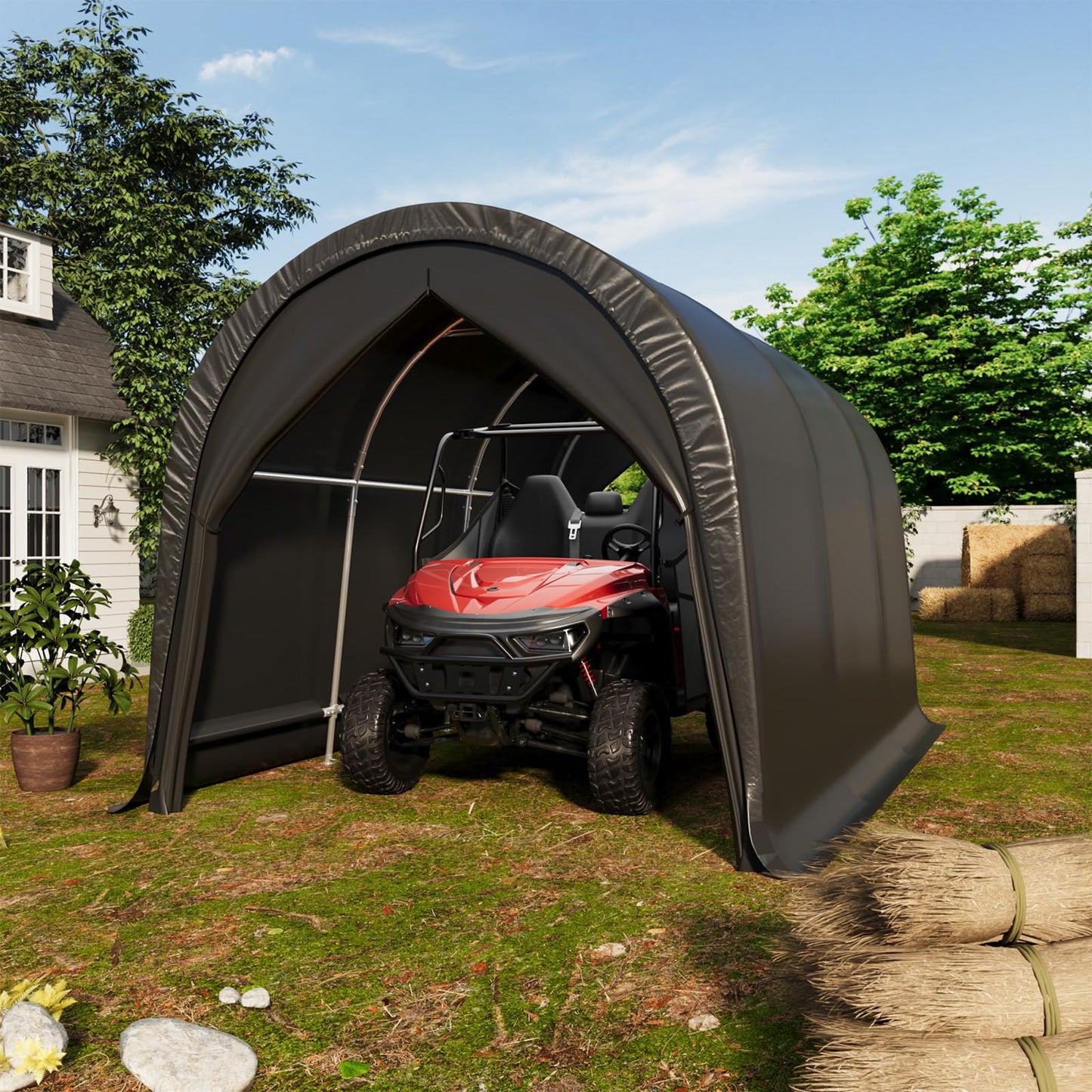EROMMY Carport 10 x15 FT Heavy Duty, Portable Garage with All-Steel Metal Frame and Round Style Roof, Anti-Snow Car Canopy Outdoor Storage Shelter for Car, Truck, Boat