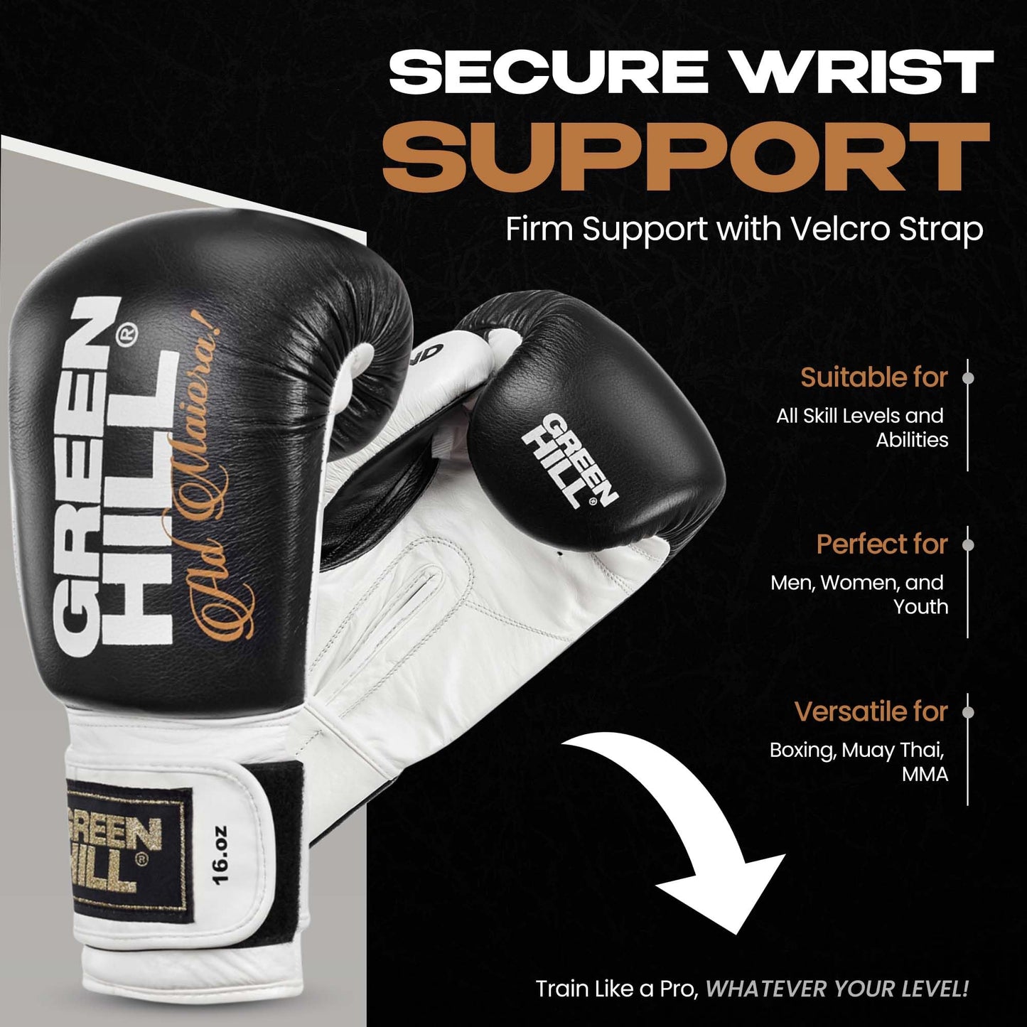 Green Hill Legend Boxing Gloves – Professional Leather Training & Sparring Gloves for MMA, Muay Thai & Kickboxing –Wrist Support, Breathable Design - Black/White 16oz