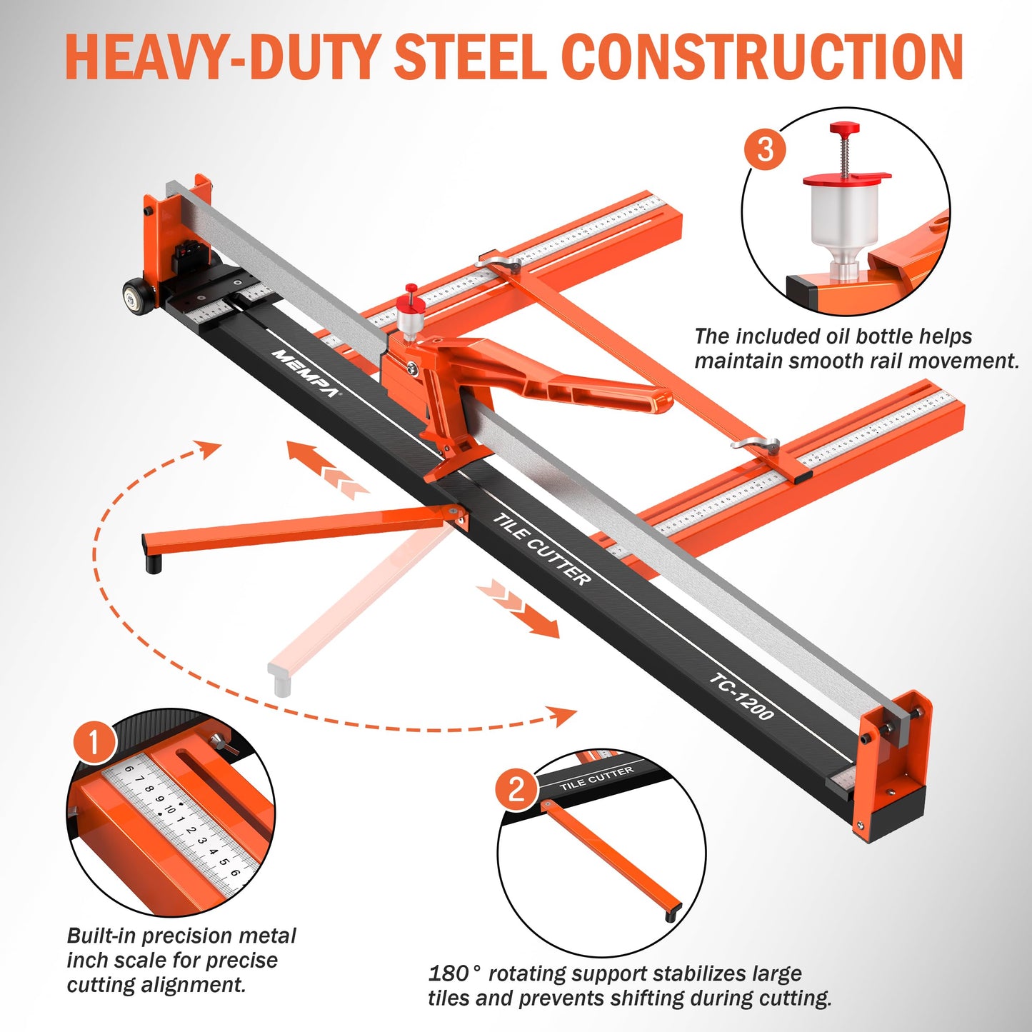 Mempa 48 Inch Manual Tile Cutter with Cutting Guide, Dust-Sealed Roller and Tungsten Wheel, Heavy-Duty Steel Rail Cutter for Ceramic and Porcelain