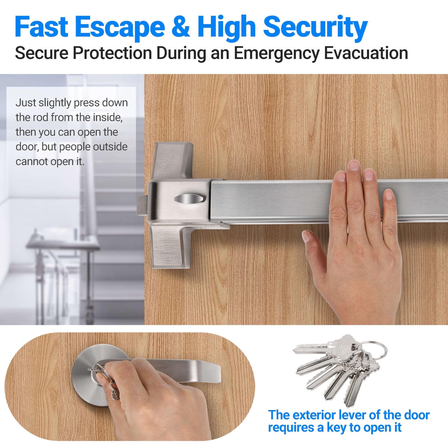 Polar Tangro Commercial Door Push Panic Bar, 31’’ Exit Alarm Device Panic Bars with Exterior Lever Handle, Stainless Steel Panic Bars with 3 Keys for Emergency Exit, Suitable for Metal, Wood Doors