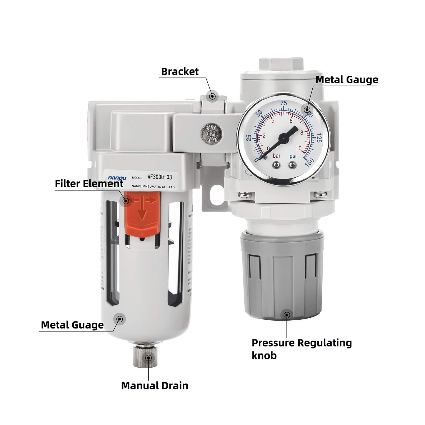NANPU 3/8" NPT Compressed Air Filter Regulator Combo Piggyback, 5 Micron Element, Poly Bowl, Semi-Auto Drain, Bracket, Gauge (ARF3000)