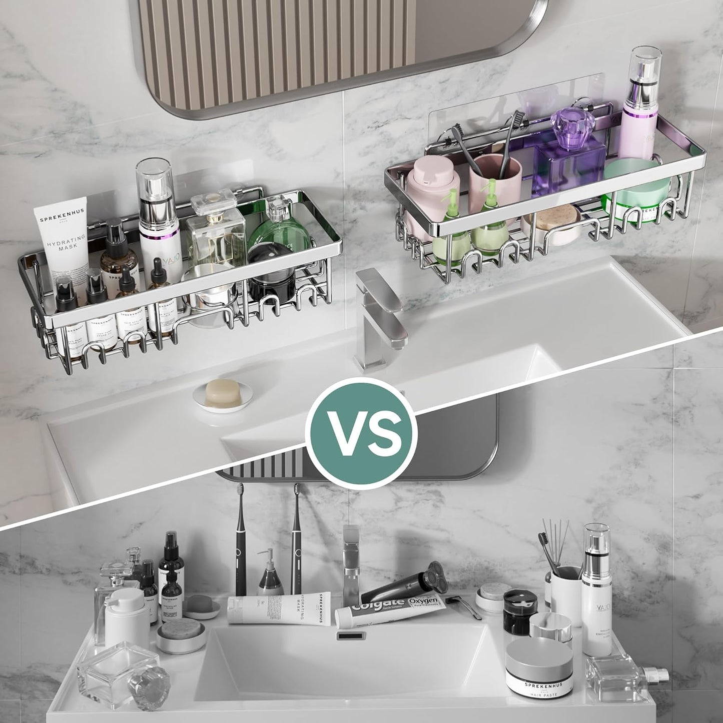 Veken Shower Caddy - Heavy-Duty Wall Mounted Organizer with Soap Dish & Toothbrush Holder | 5-Pack, Silver