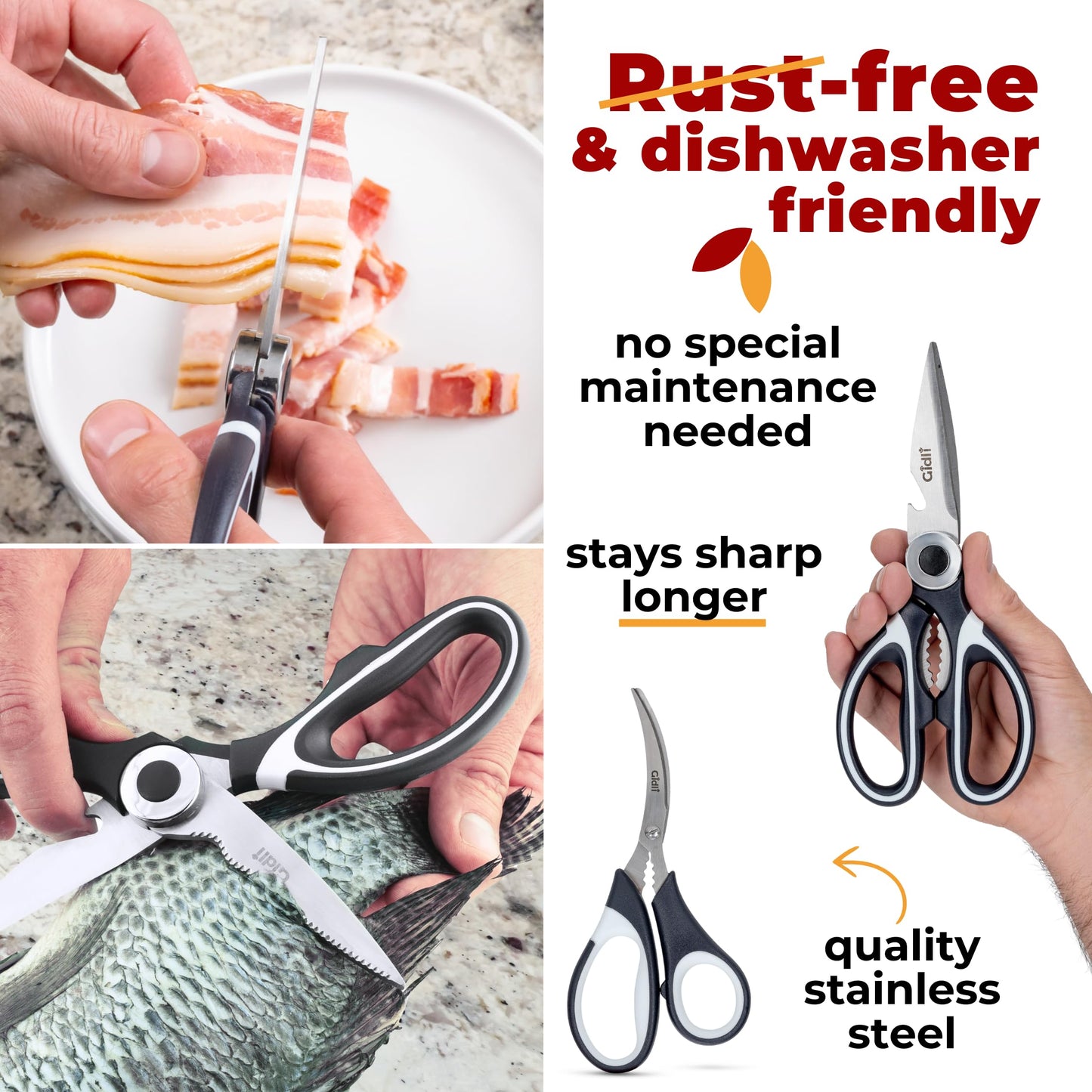 Gidli Chef Knife and Kitchen Shears Set – Ultra Sharp 8” Chef Knife with Knife Sharpener + Heavy Duty Kitchen Scissors & Seafood Scissors – Premium Stainless Steel Cooking Set – Gift Ready