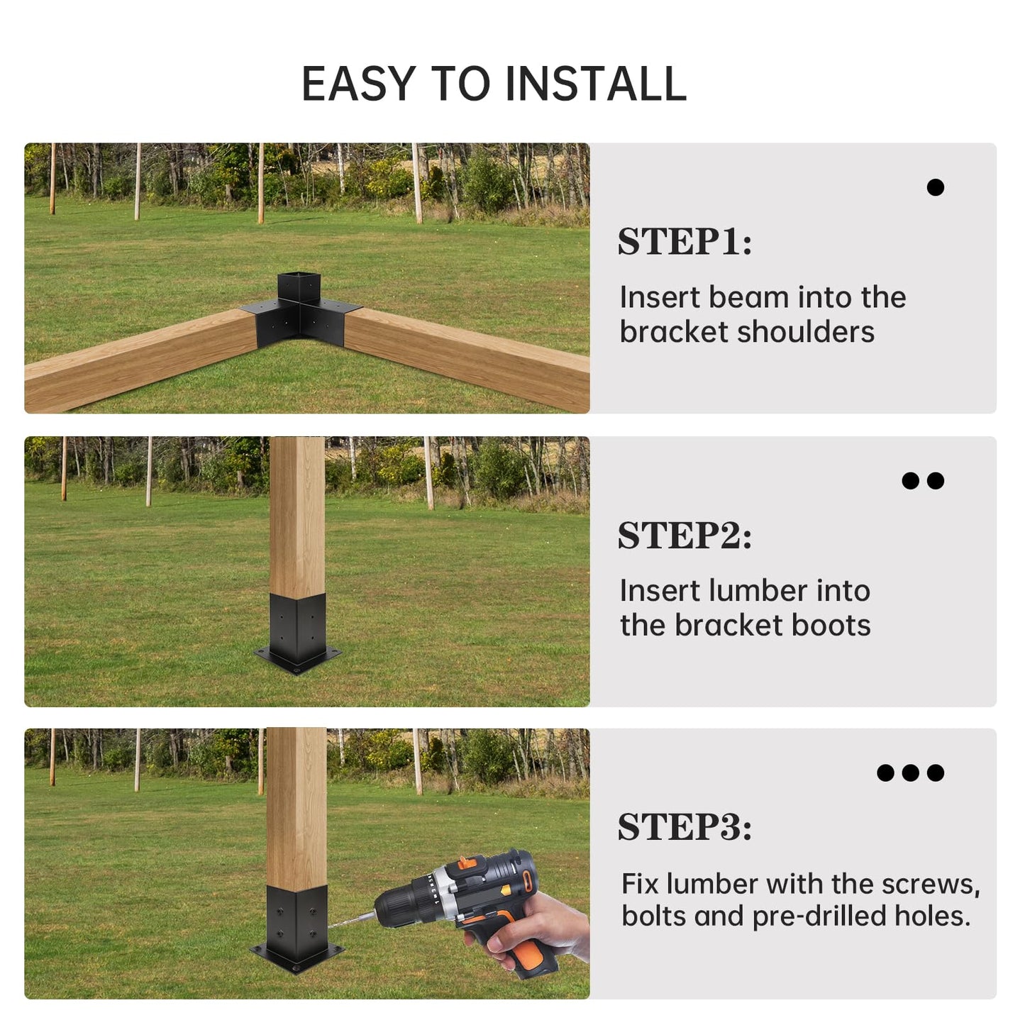 Grehitk Pergola Kit, Pergola Brackets 3-Way Right Angle Corner Bracket Woodworks DIY Post Base Kit, Wooden Beams for Gazebos Patio Pergolas Log Cabin